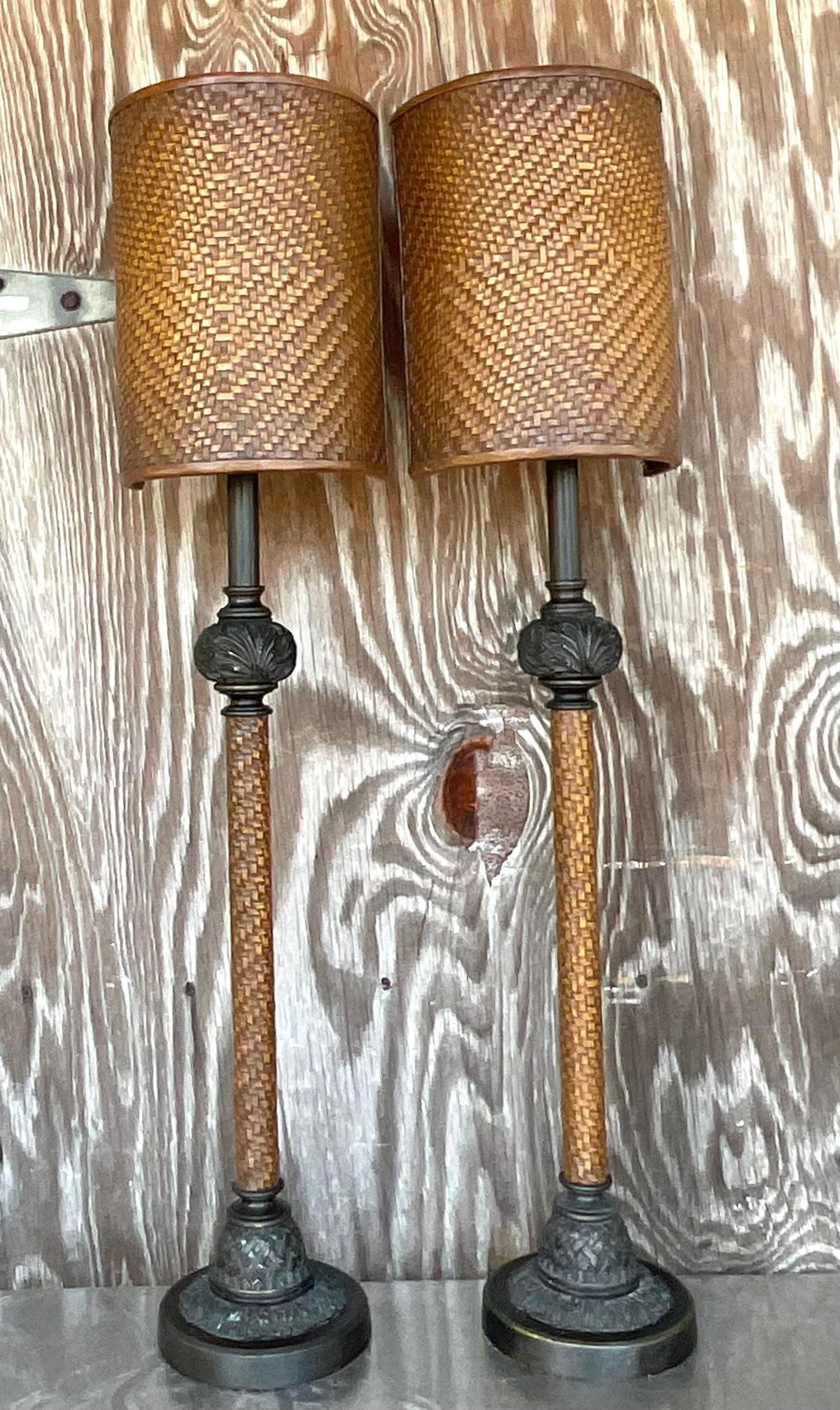 Lámparas candelabro vintage boho de cuero tejido - un par siglo XX en venta