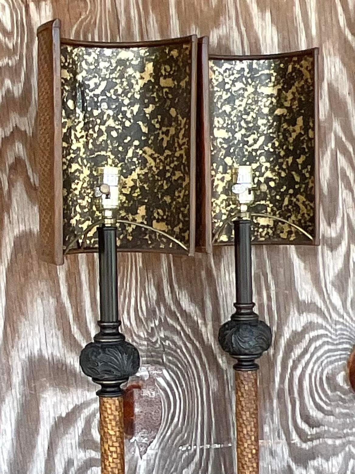 Lámparas candelabro vintage boho de cuero tejido - un par Metal en venta