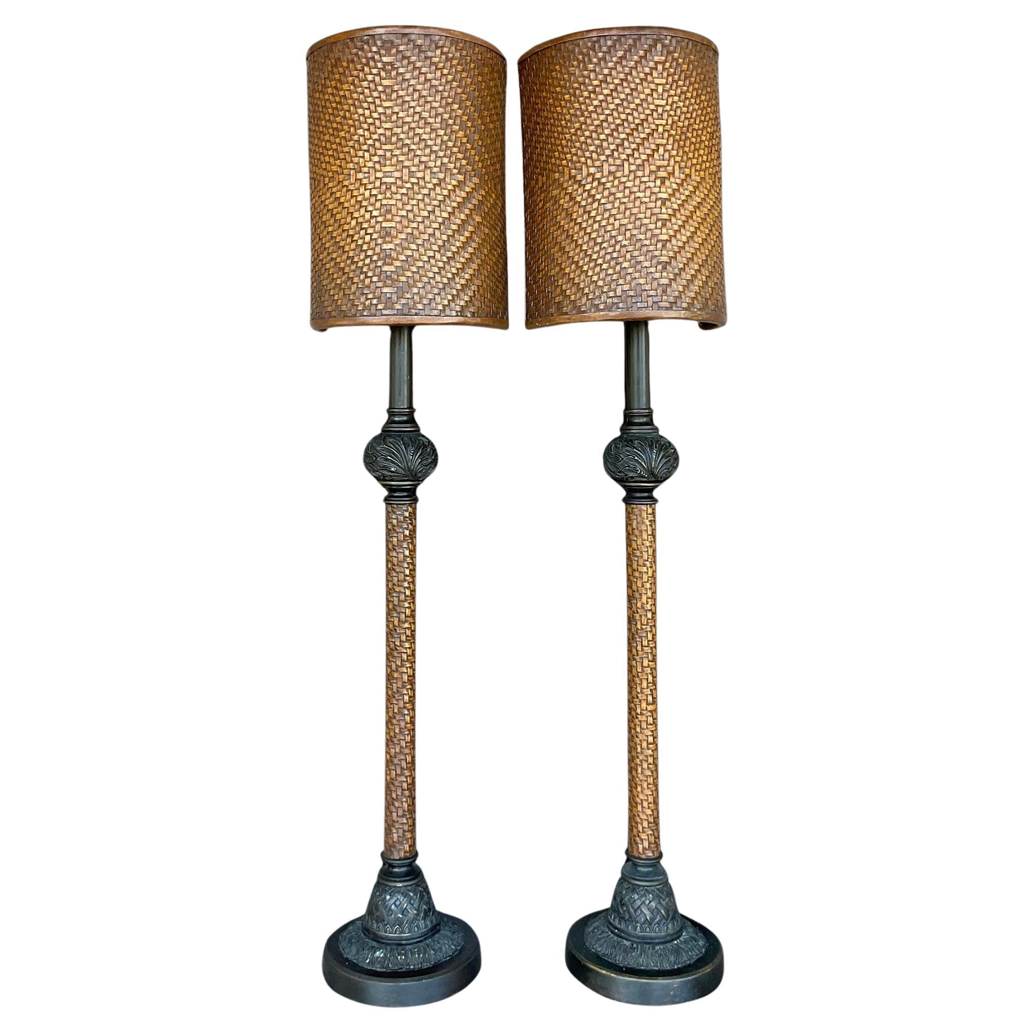 Vintage Boho Woven Leather Candlestick Lamps - a Pair