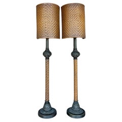 Vintage Boho Woven Leather Candlestick Lamps - a Pair