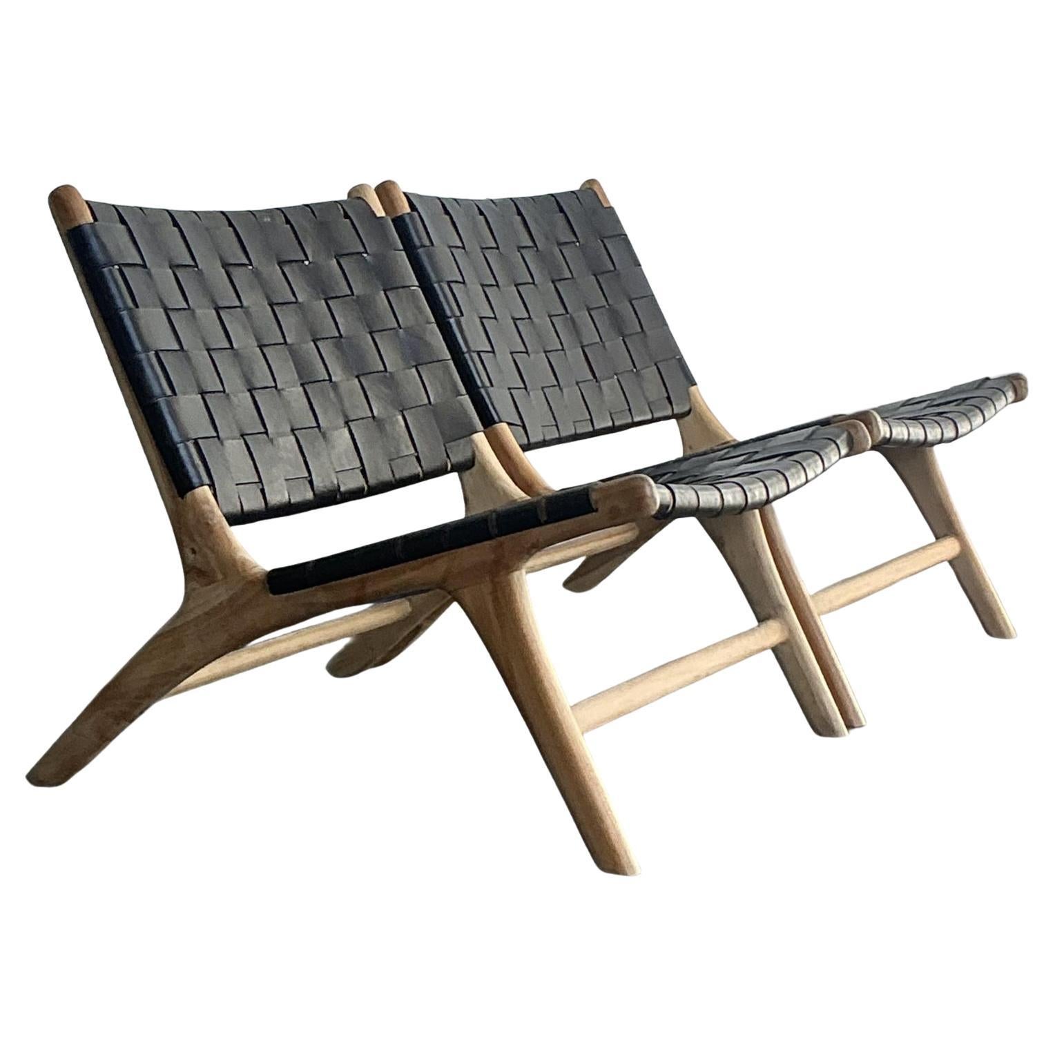 Vintage Boho Woven Leather Lounge Chairs - A Pair For Sale