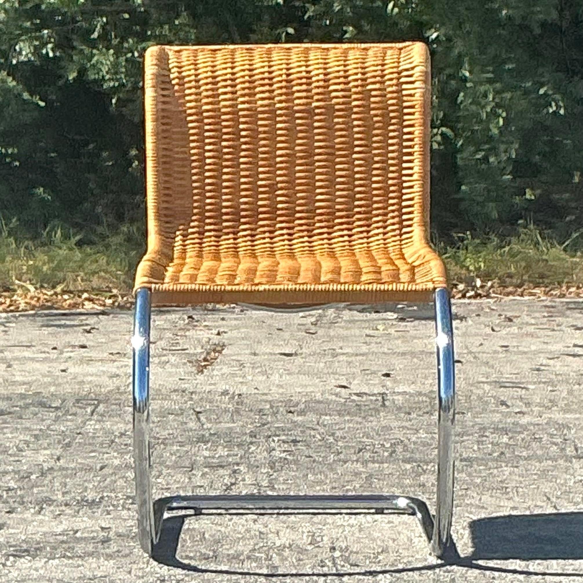 Vintage Boho Woven Rattan and Chrome Lounge Chair In Good Condition In West Palm Beach, FL