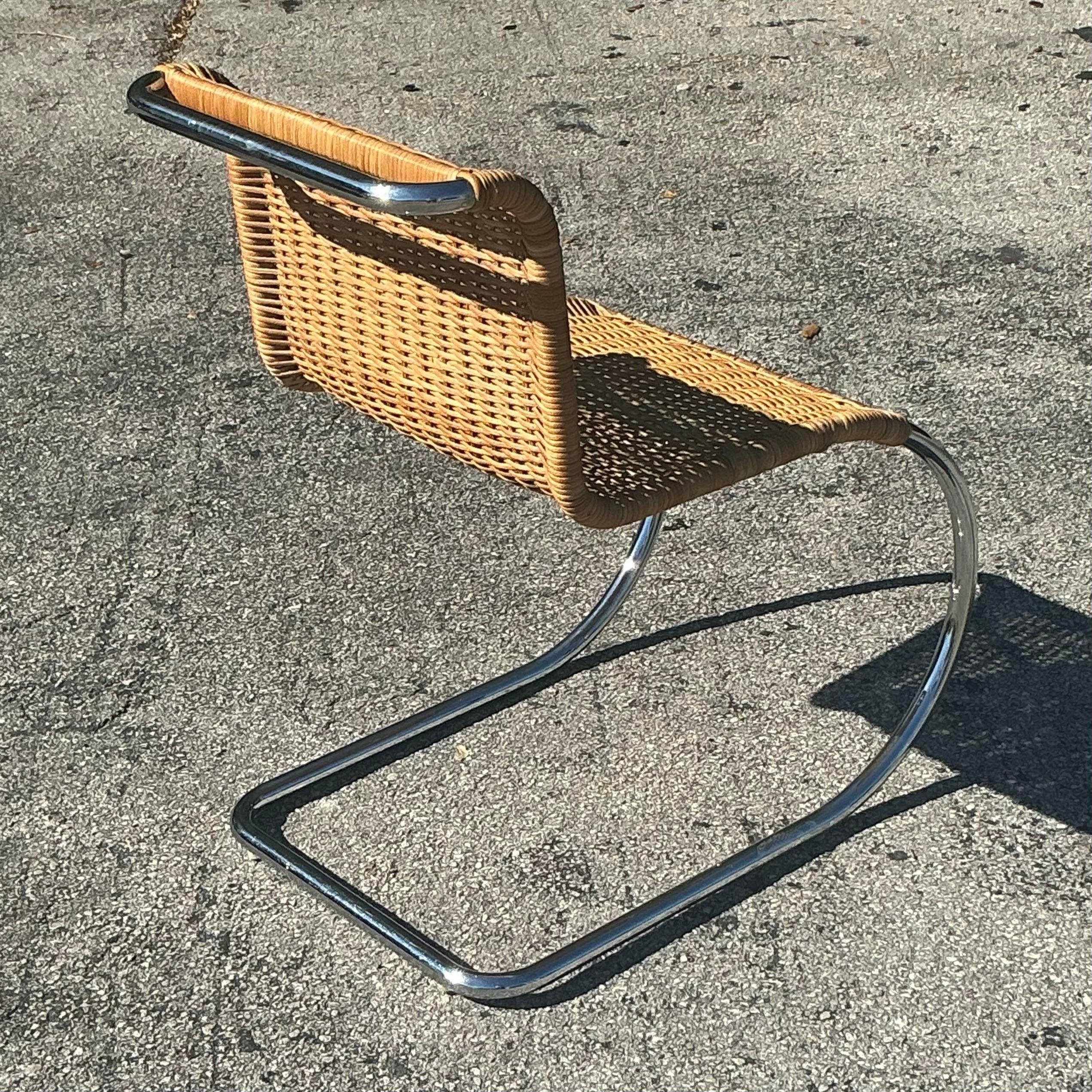 20th Century Vintage Boho Woven Rattan and Chrome Lounge Chair