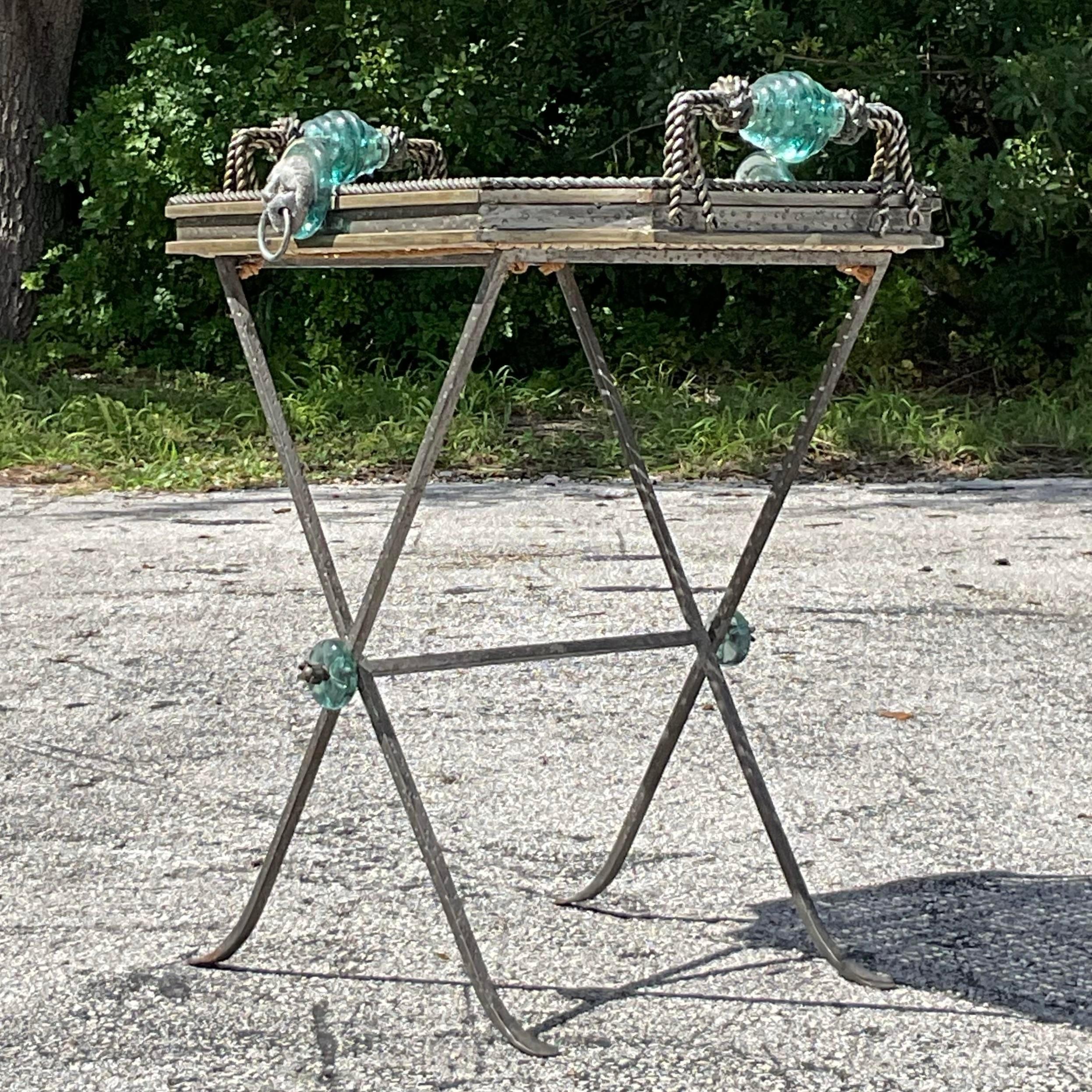 Vintage Boho Woven Rattan and Glass Tray Table 4