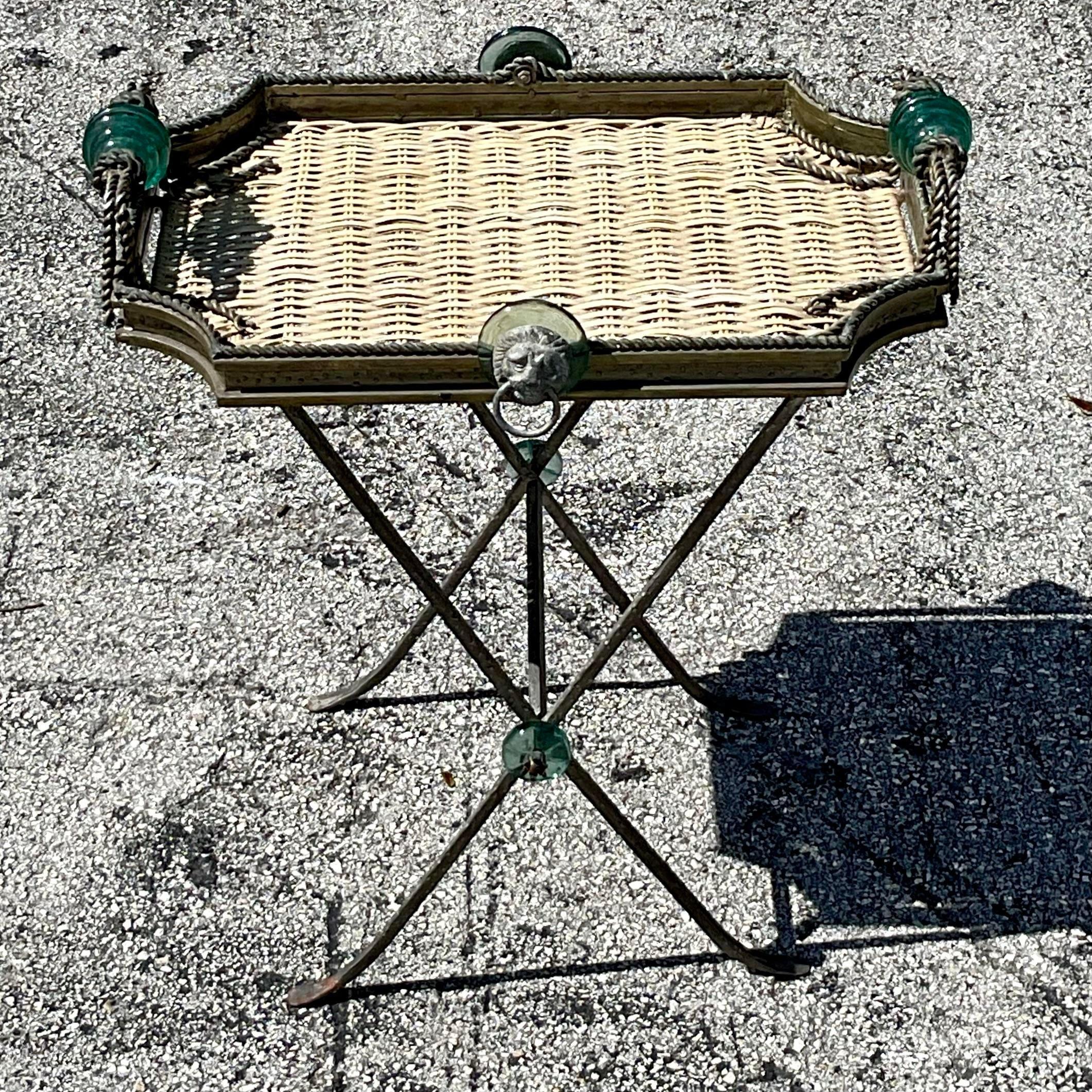 American Vintage Boho Woven Rattan and Glass Tray Table