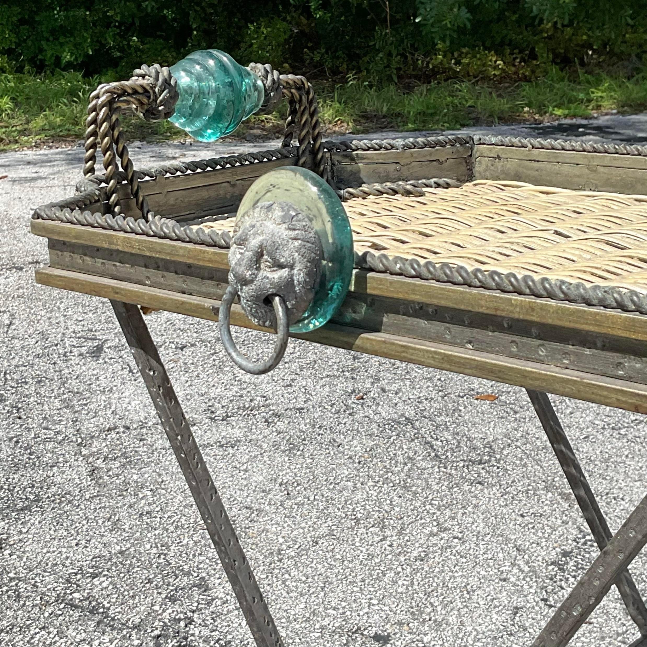 Vintage Boho Woven Rattan and Glass Tray Table In Good Condition In West Palm Beach, FL