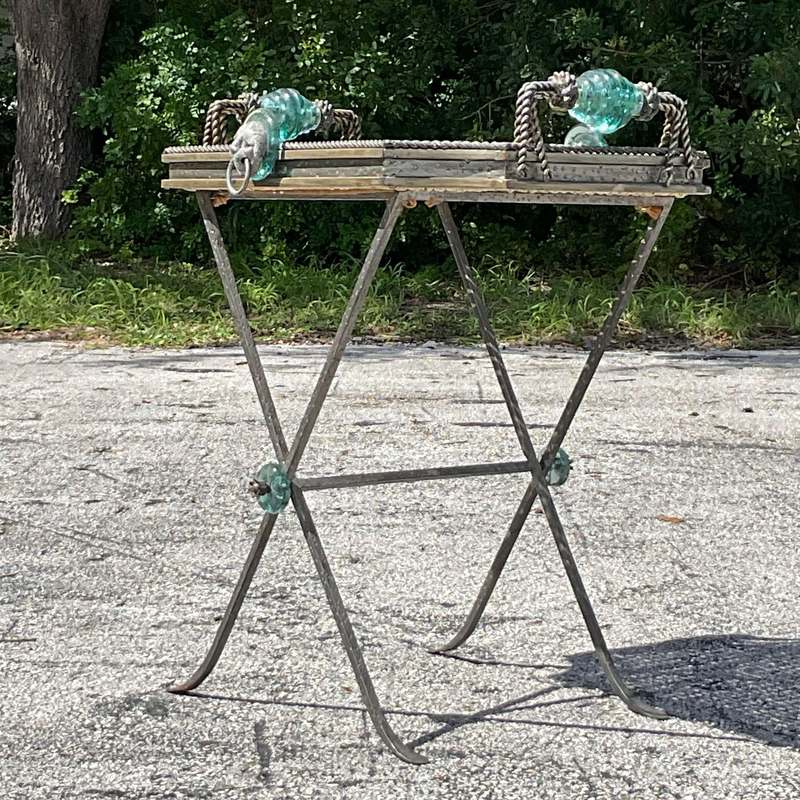 20th Century Vintage Boho Woven Rattan and Glass Tray Table
