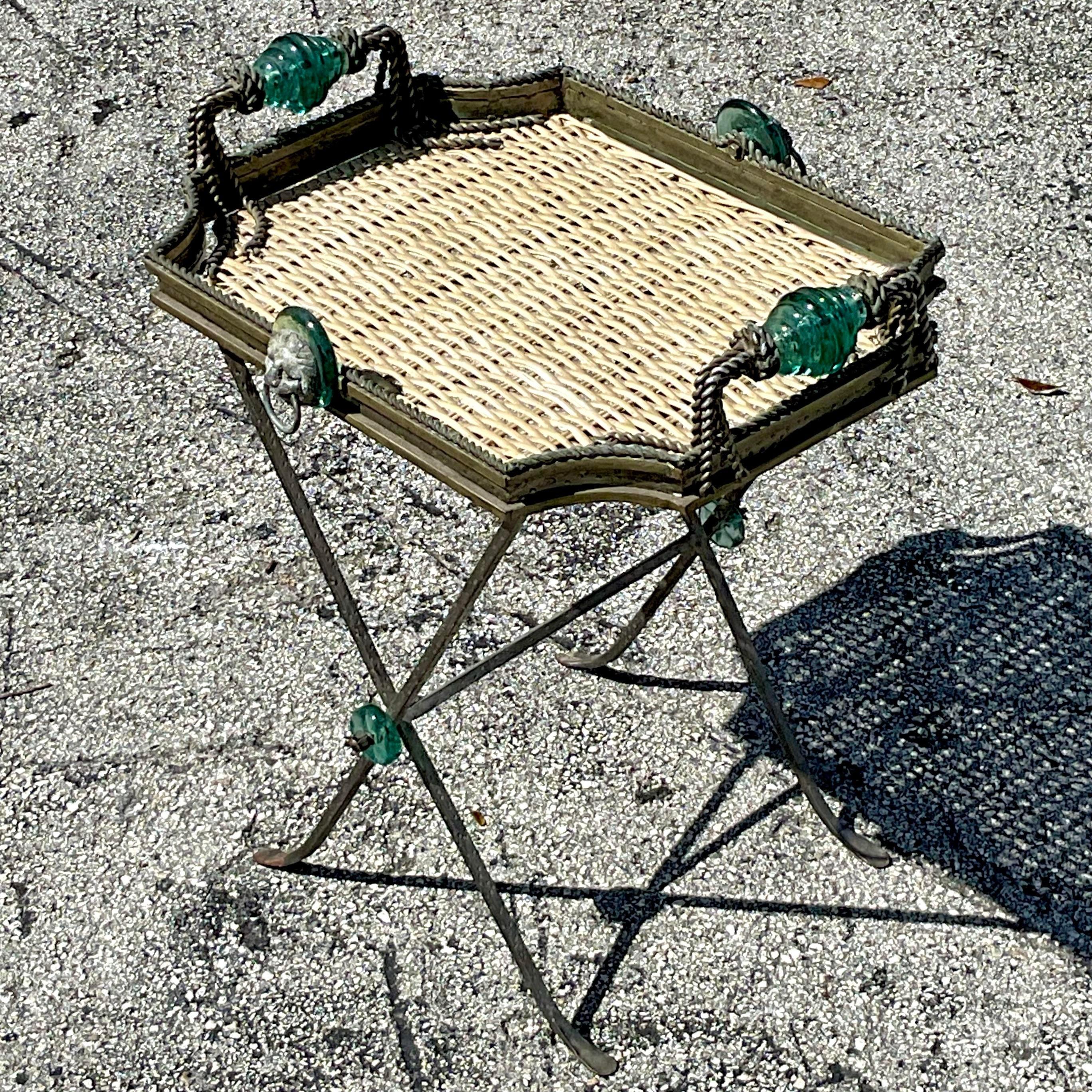 Metal Vintage Boho Woven Rattan and Glass Tray Table