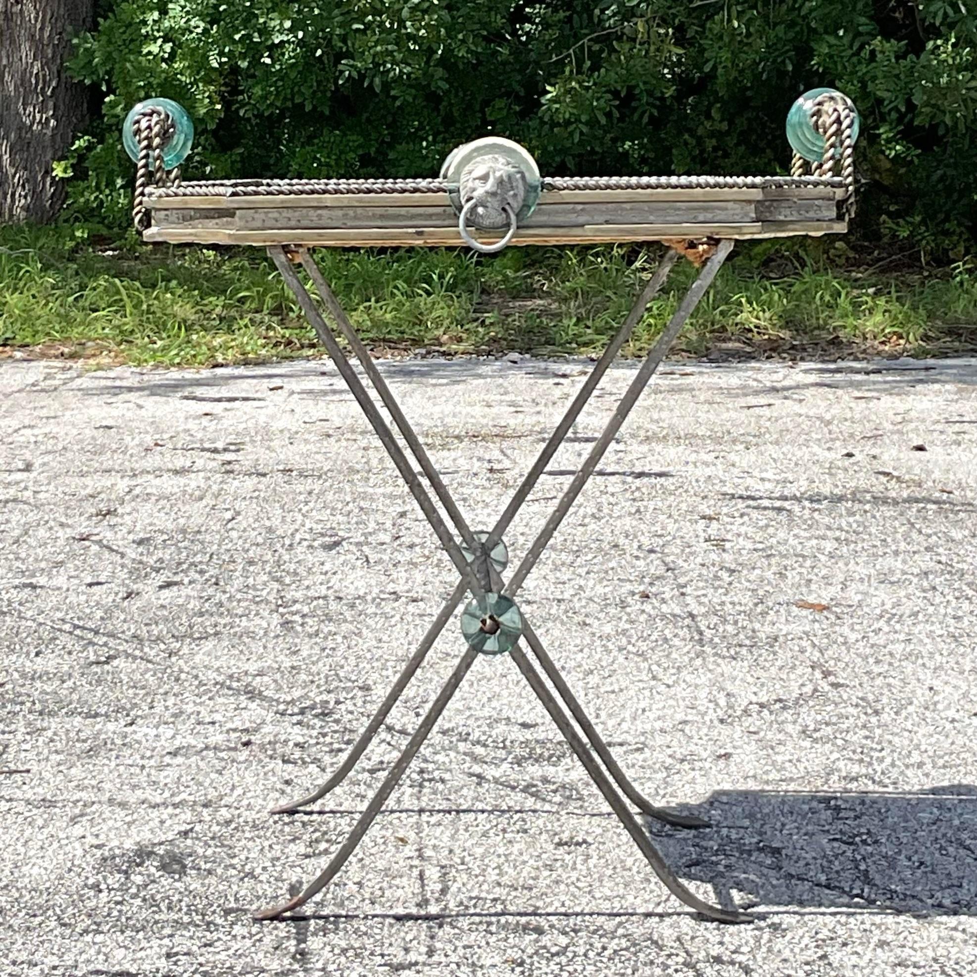 Vintage Boho Woven Rattan and Glass Tray Table 1