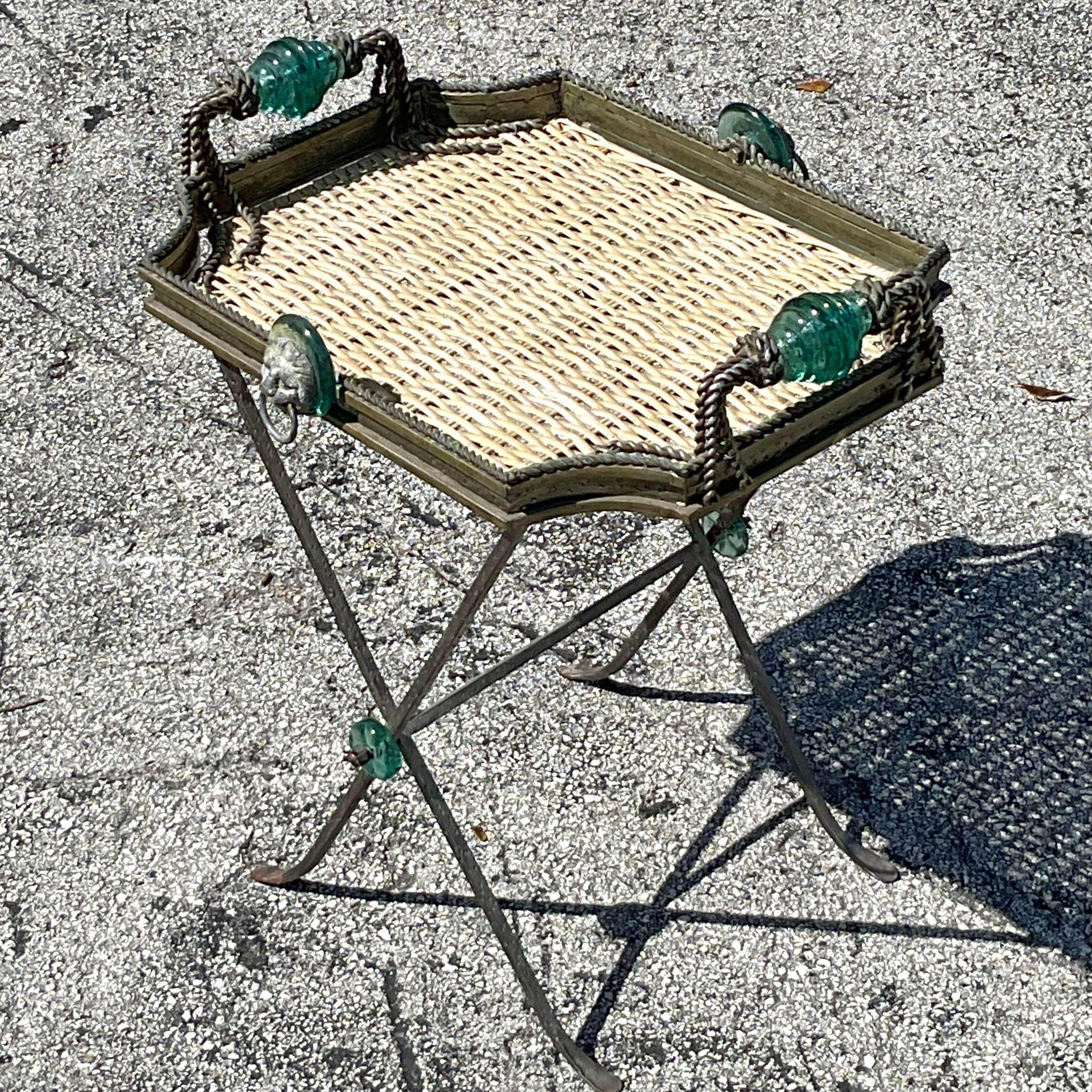 Vintage Boho Woven Rattan and Glass Tray Table 2