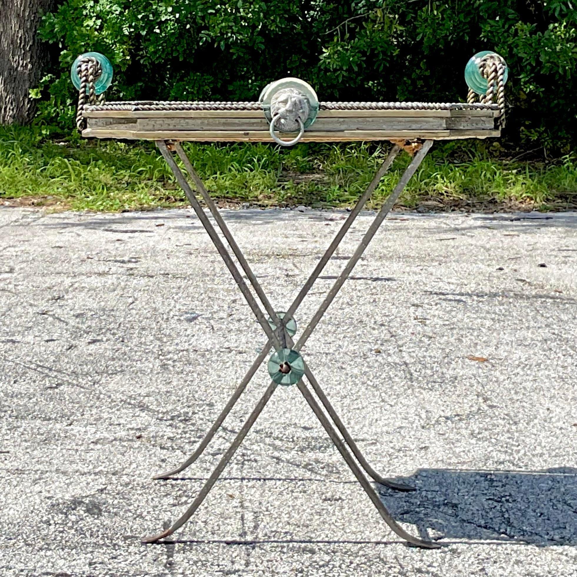 Vintage Boho Woven Rattan and Glass Tray Table 3