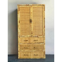 Vintage Boho Woven Rattan Armoire