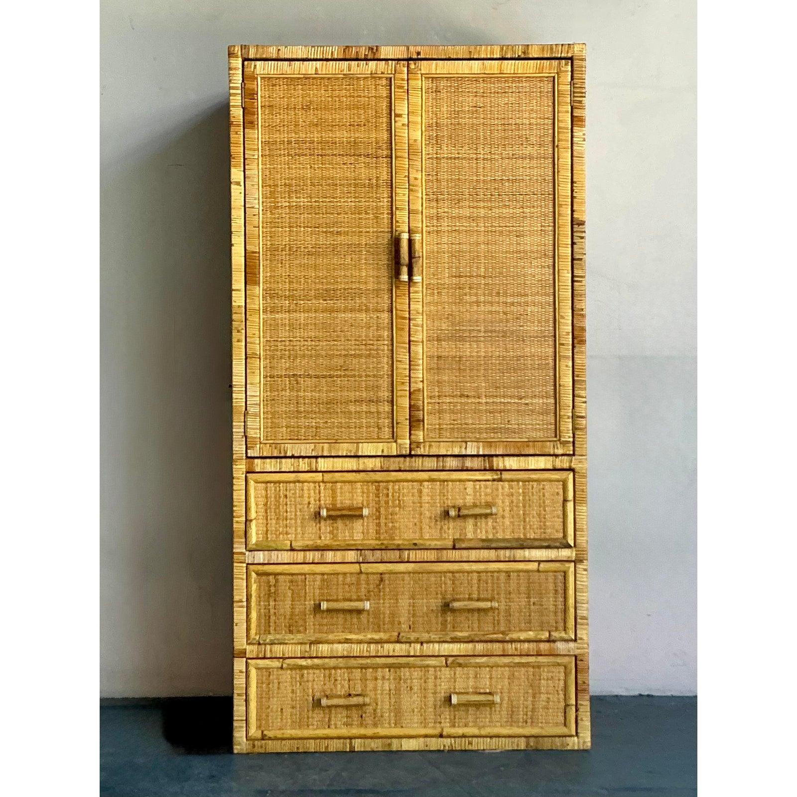 Organic Modern Vintage Boho Woven Rattan Armoire For Sale
