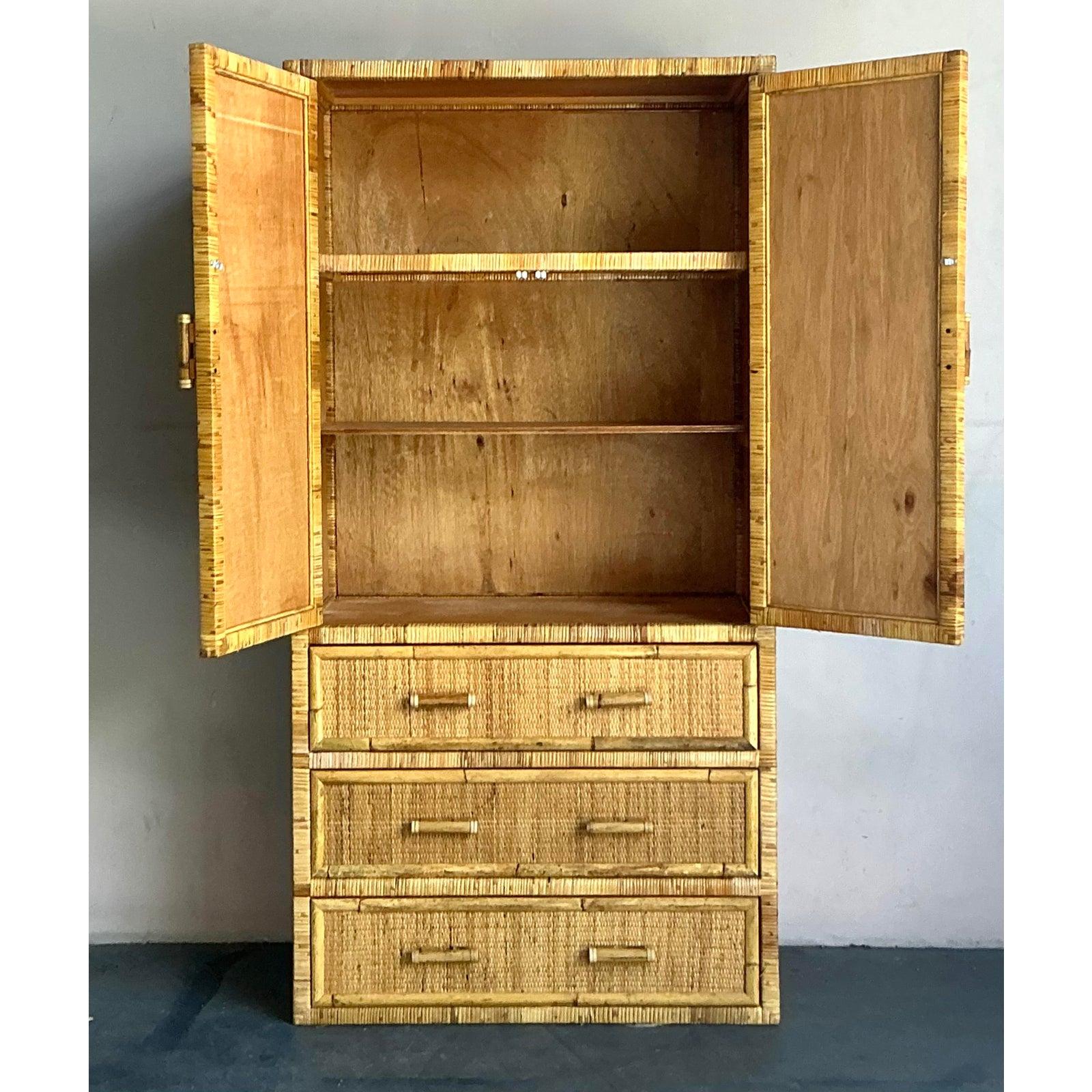 Philippine Vintage Boho Woven Rattan Armoire For Sale