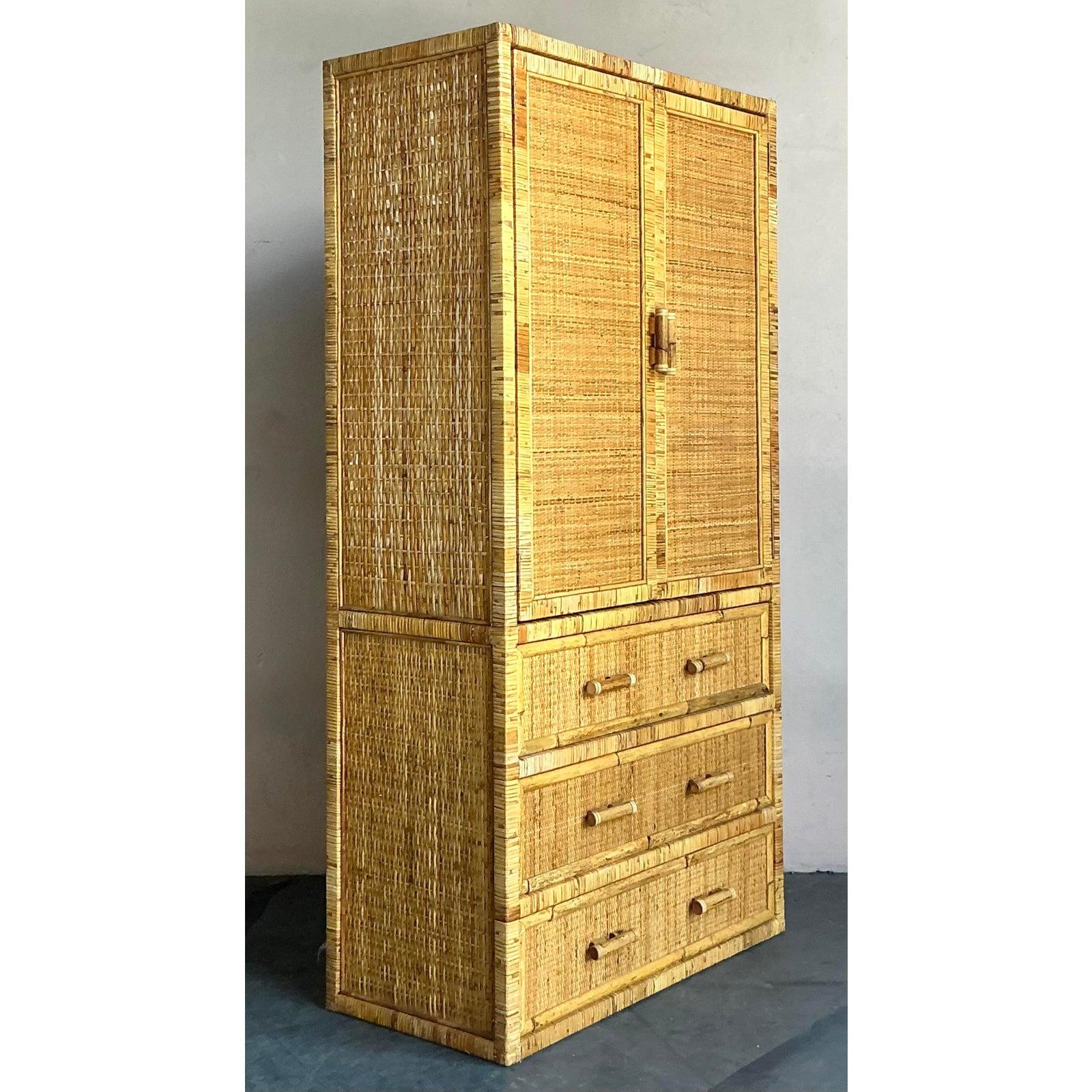 20th Century Vintage Boho Woven Rattan Armoire For Sale