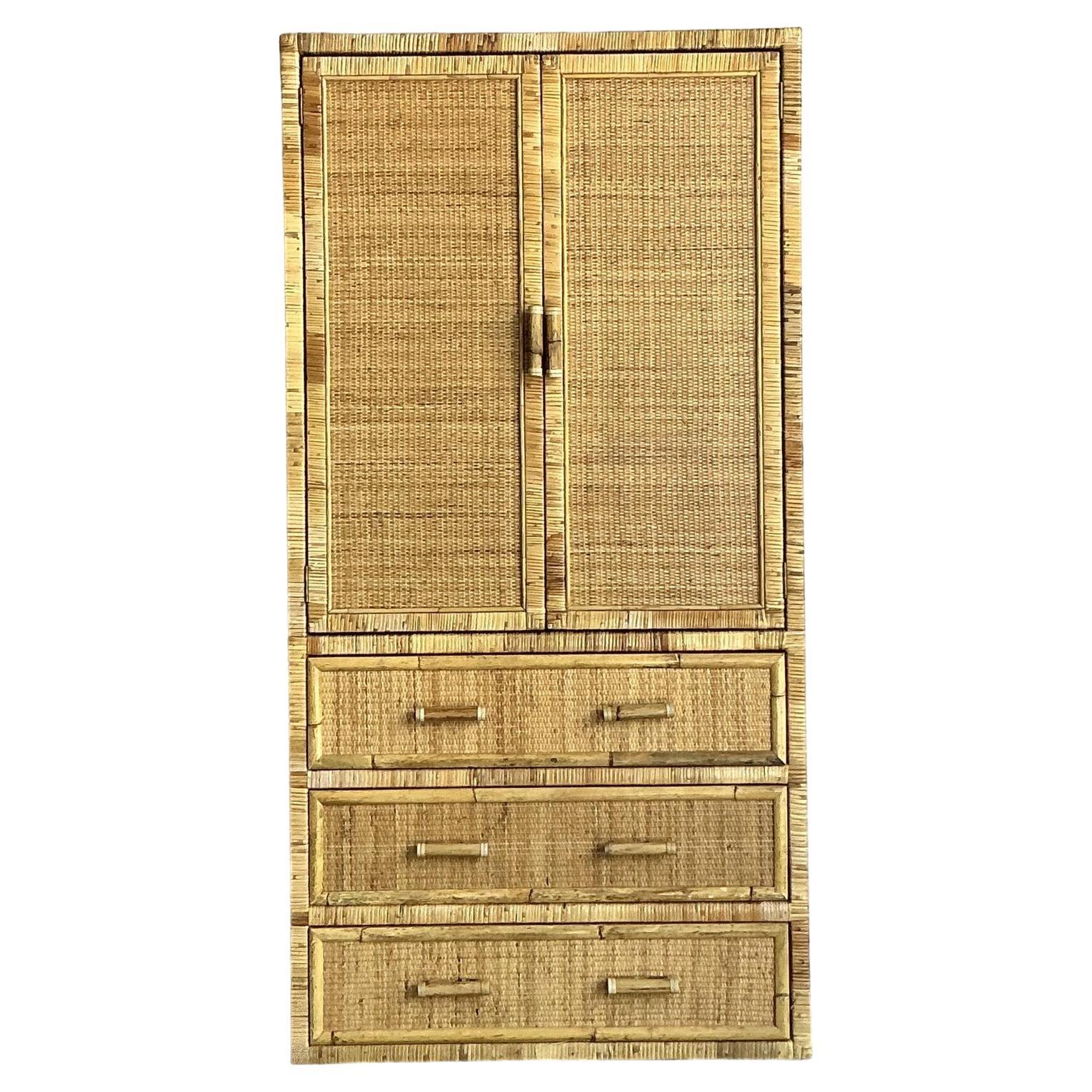 Vintage Boho Woven Rattan Armoire For Sale