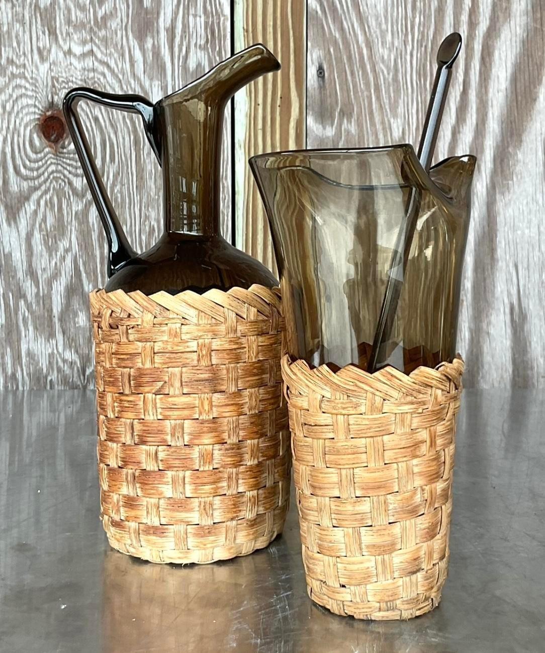 Vintage Boho Woven Rattan Bar Set of 2 In Good Condition For Sale In west palm beach, FL