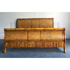 Vintage Boho Woven Rattan California King Sleigh Bed