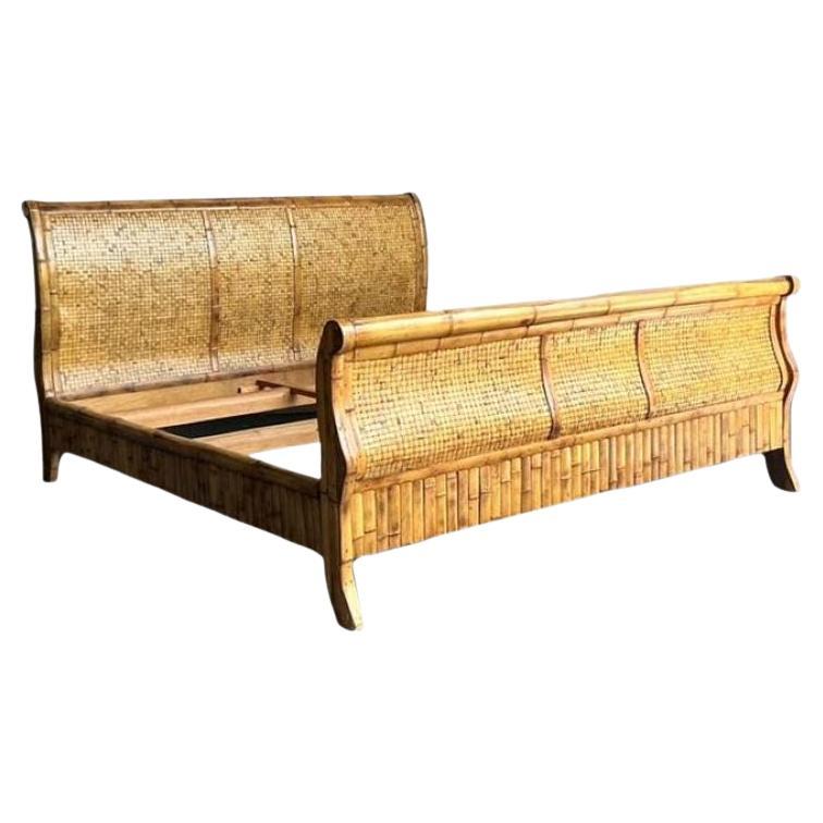 Vintage Boho Woven Rattan California King Sleigh Bed