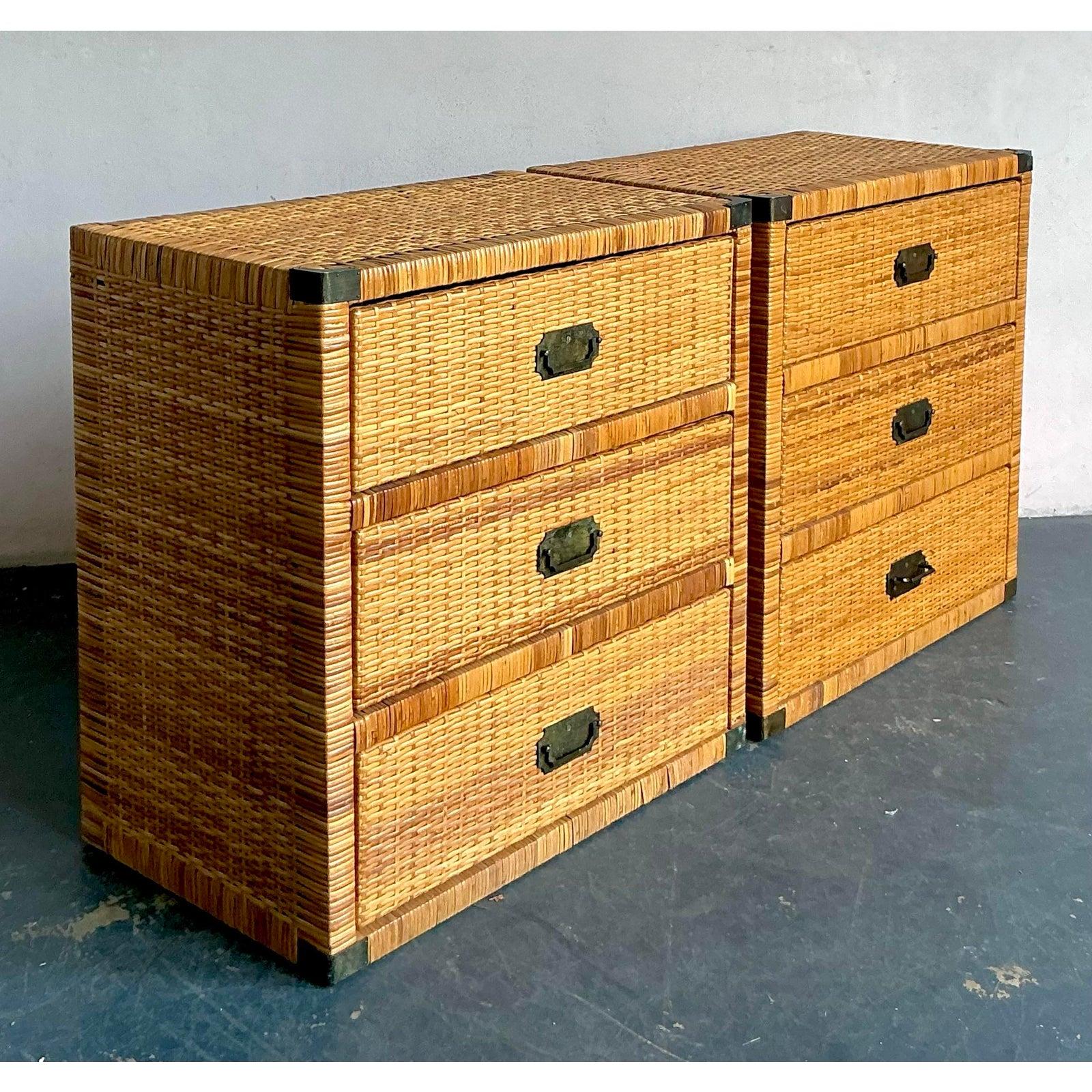 American Vintage Boho Woven Rattan Campaign Chests - A Pair For Sale