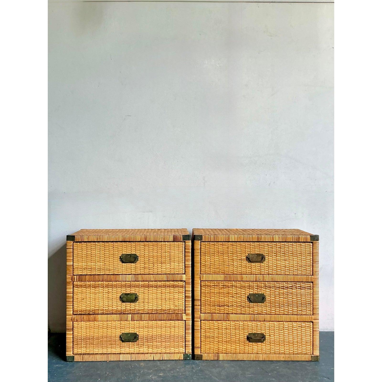 Vintage Boho Woven Rattan Campaign Chests - A Pair In Good Condition For Sale In West Palm Beach, FL