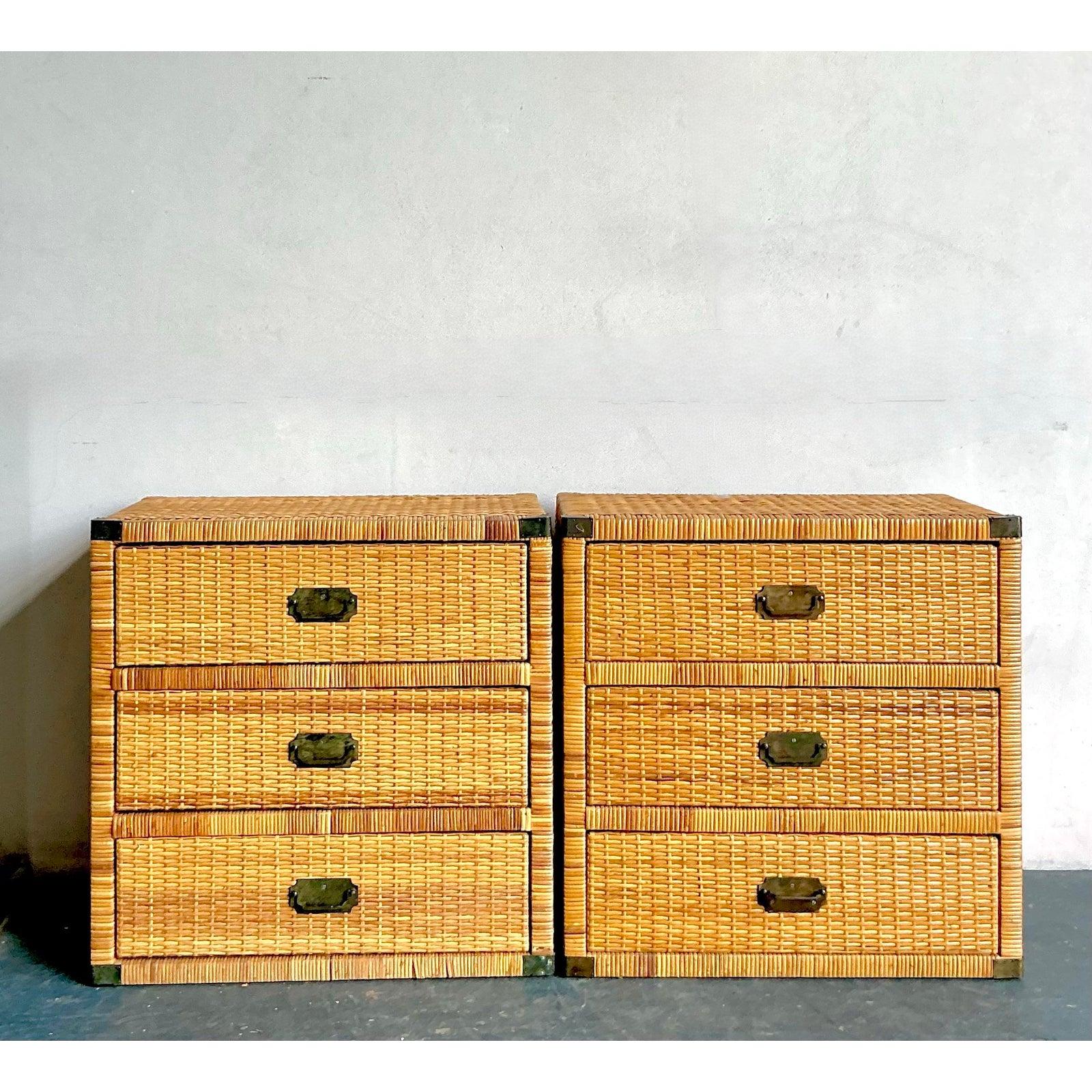Brass Vintage Boho Woven Rattan Campaign Chests - A Pair For Sale
