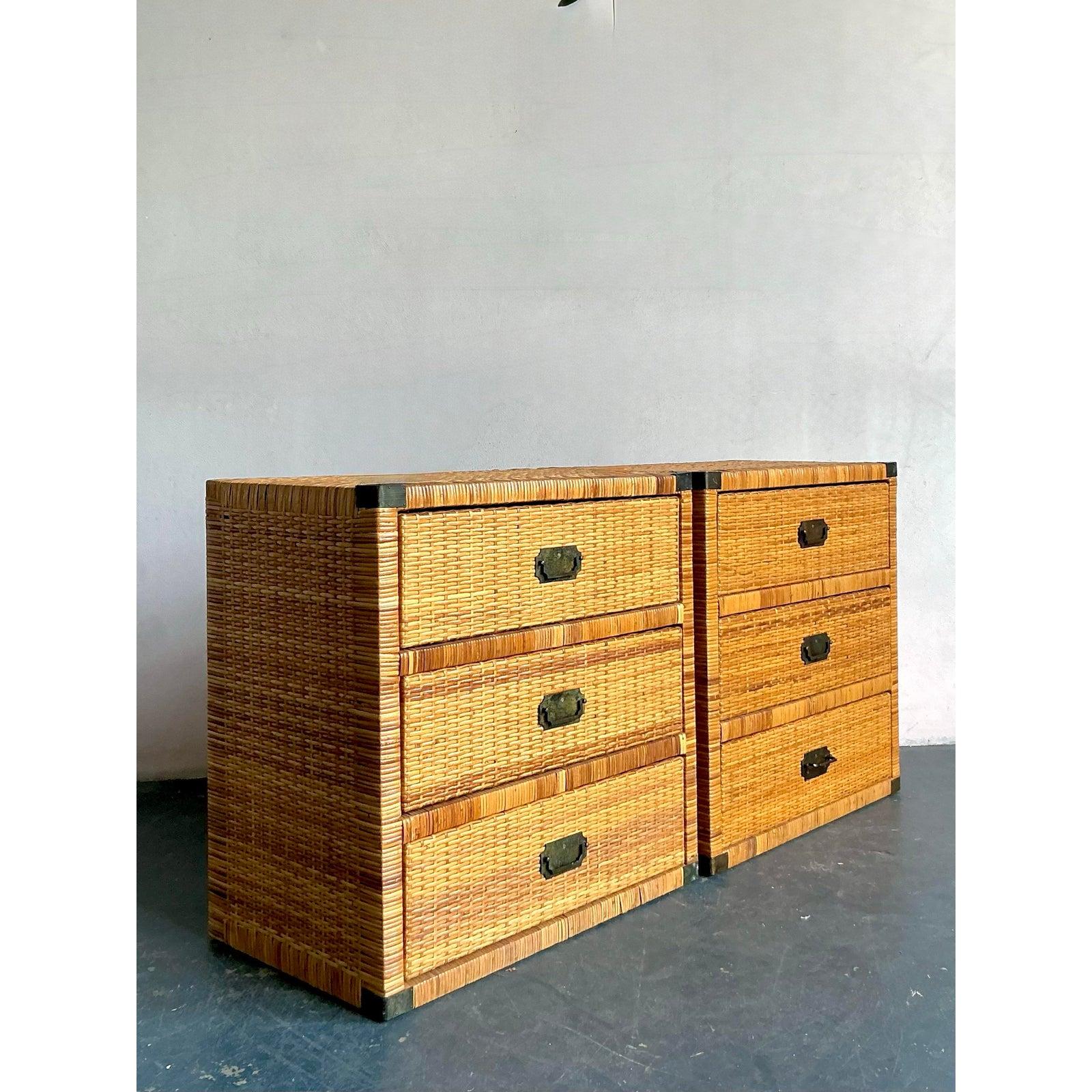 Vintage Boho Woven Rattan Campaign Chests - A Pair For Sale 1