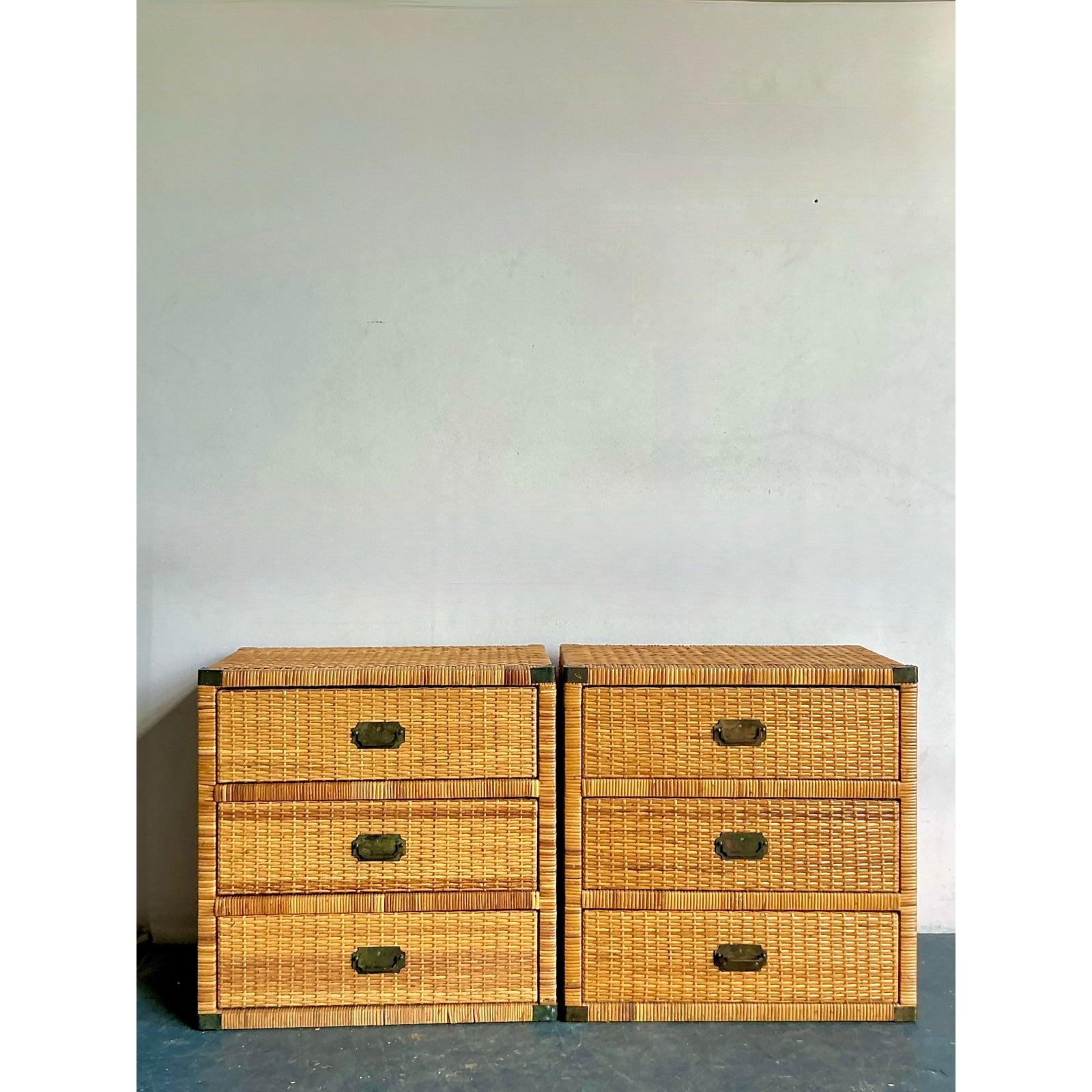 Vintage Boho Woven Rattan Campaign Chests - A Pair For Sale 2