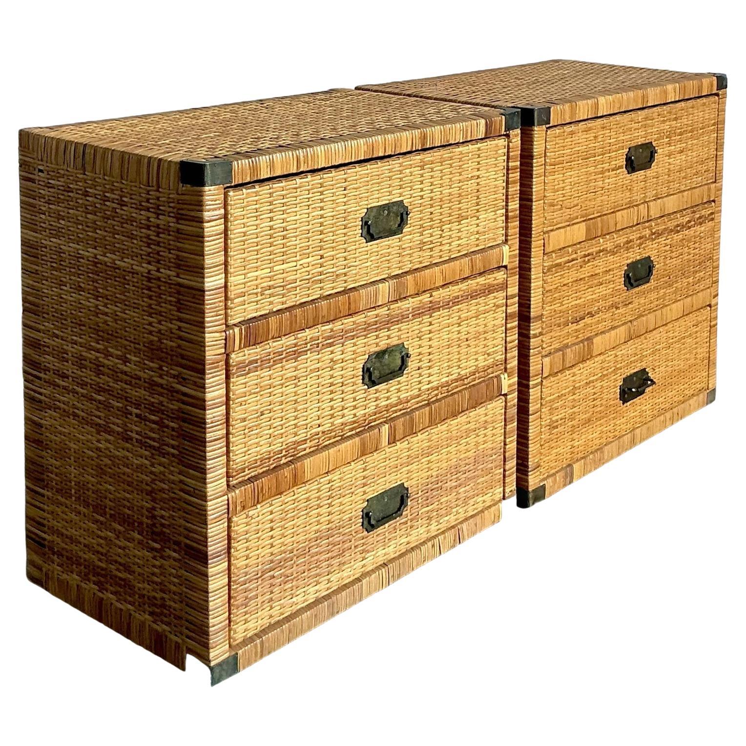Vintage Boho Woven Rattan Campaign Chests - A Pair For Sale