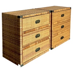 Vintage Boho Woven Rattan Campaign Chests - A Pair