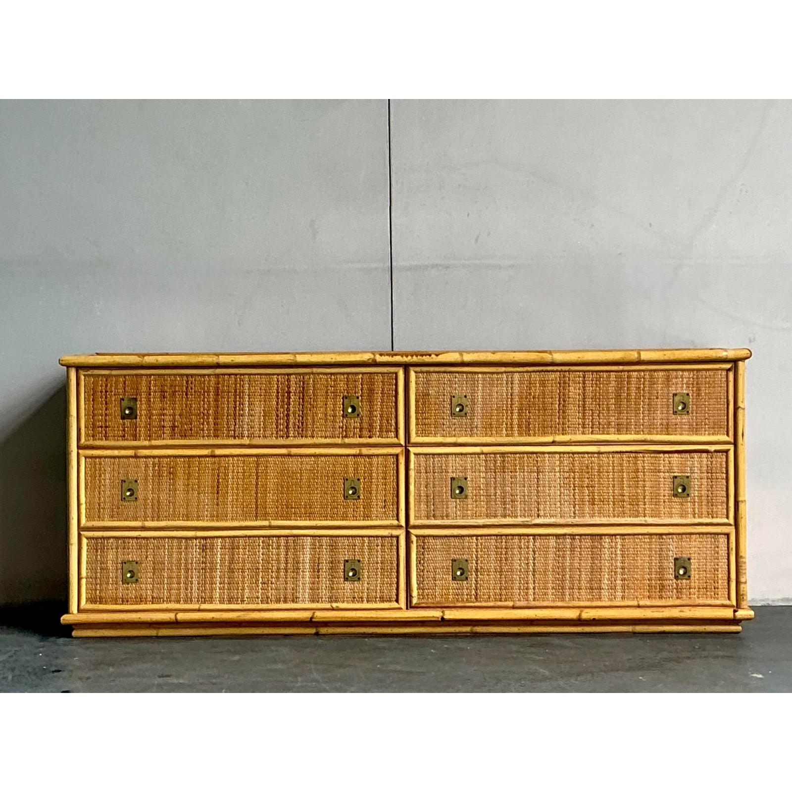 Vintage Boho Woven Rattan Campaign Dresser After Dal Vera Bon état - En vente à West Palm Beach, FL