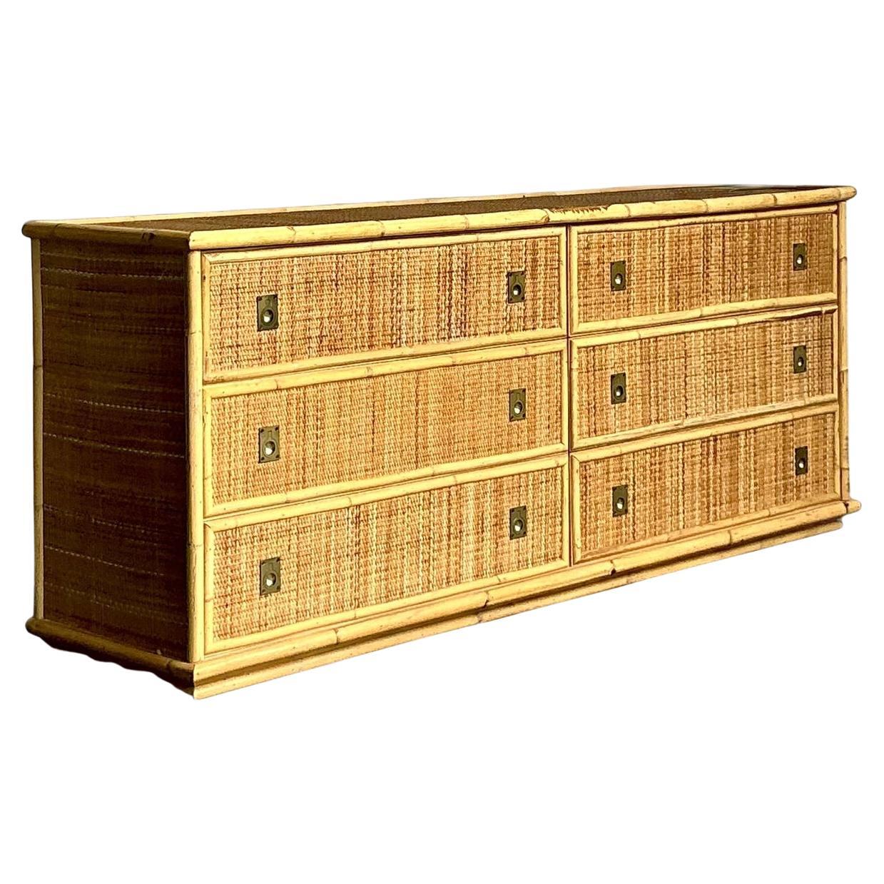 Vintage Boho Woven Rattan Campaign Dresser After Dal Vera en vente