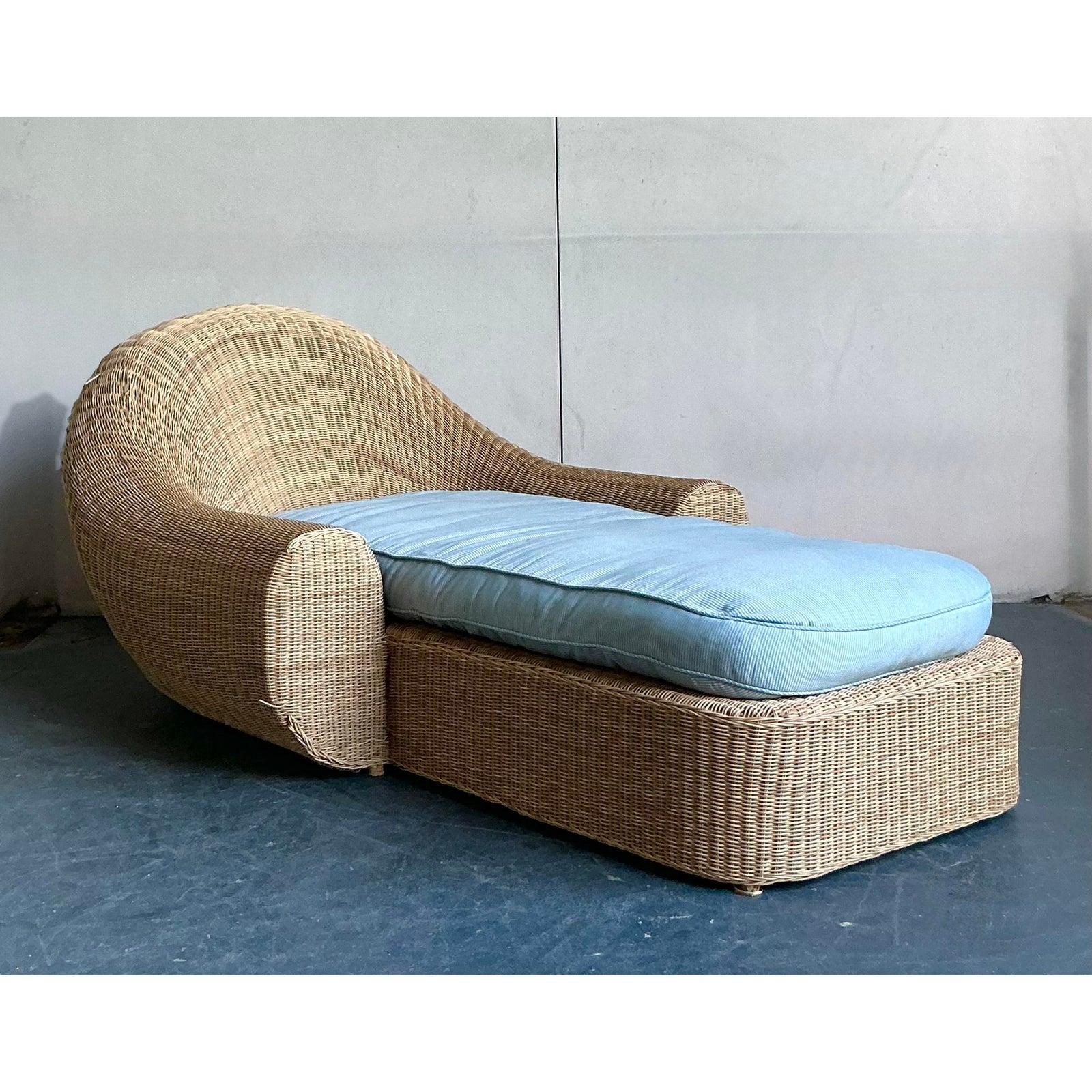 Post-Modern Vintage Boho Woven Rattan Chaise Lounge After Michael Taylor For Sale
