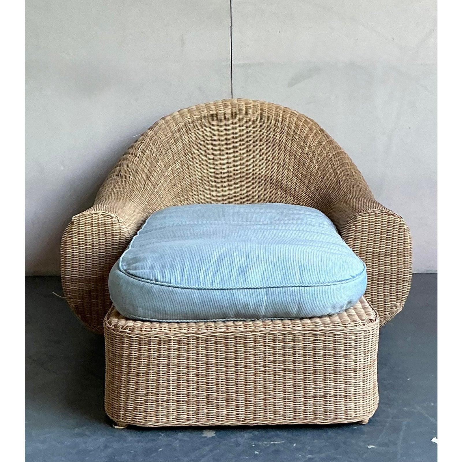 Philippine Vintage Boho Woven Rattan Chaise Lounge After Michael Taylor For Sale