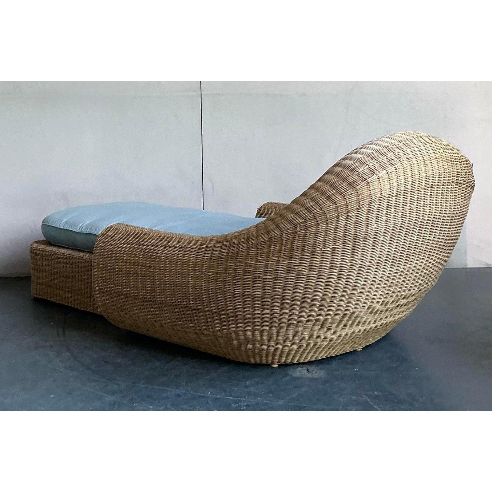 20th Century Vintage Boho Woven Rattan Chaise Lounge After Michael Taylor For Sale