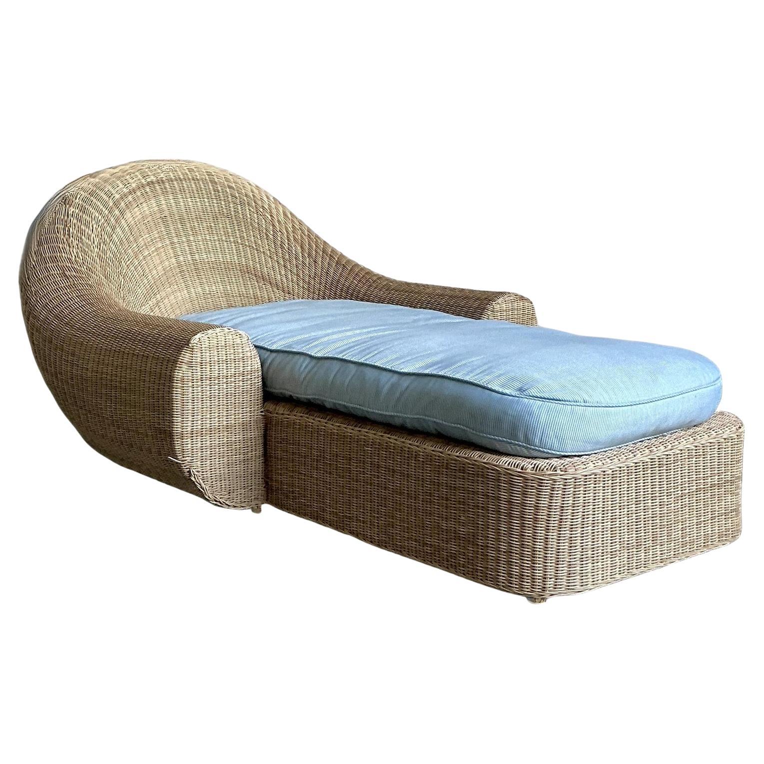 Vintage Boho Woven Rattan Chaise Lounge After Michael Taylor For Sale