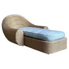 Vintage Boho Woven Rattan Chaise Lounge After Michael Taylor
