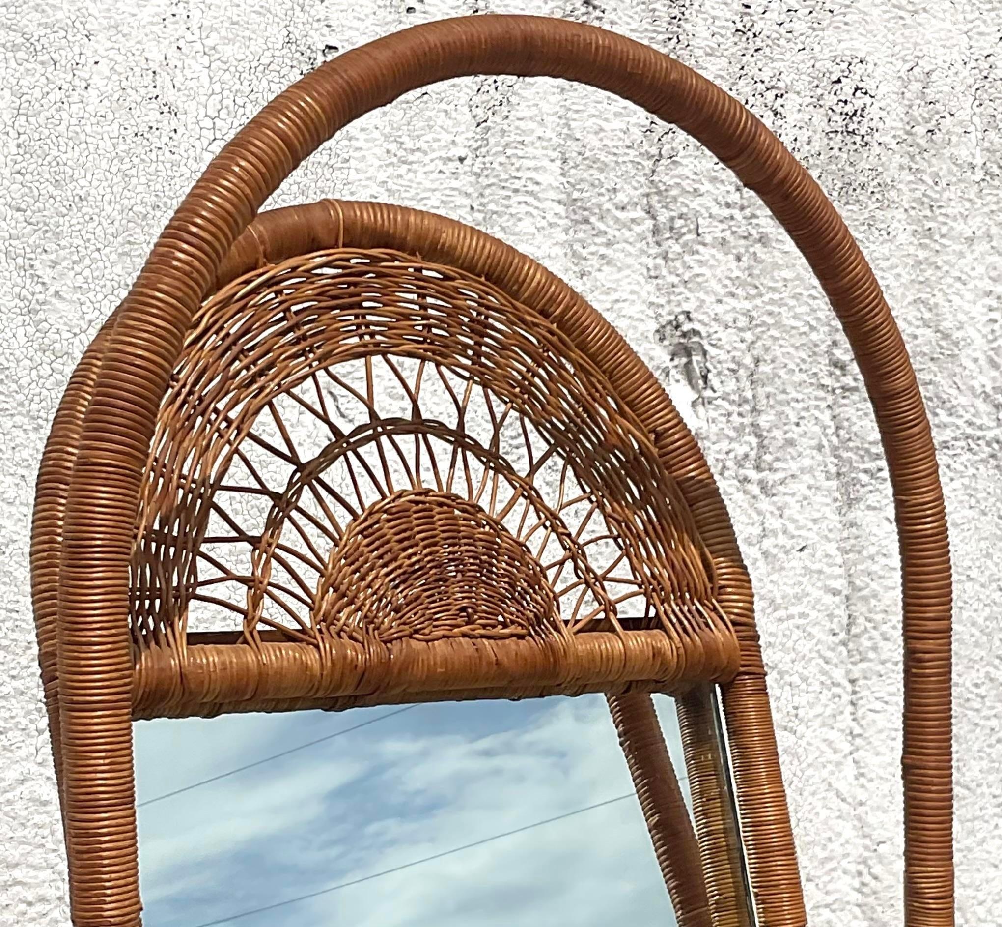 Vintage Boho Woven Rattan Cheval Floor Mirror In Good Condition For Sale In west palm beach, FL