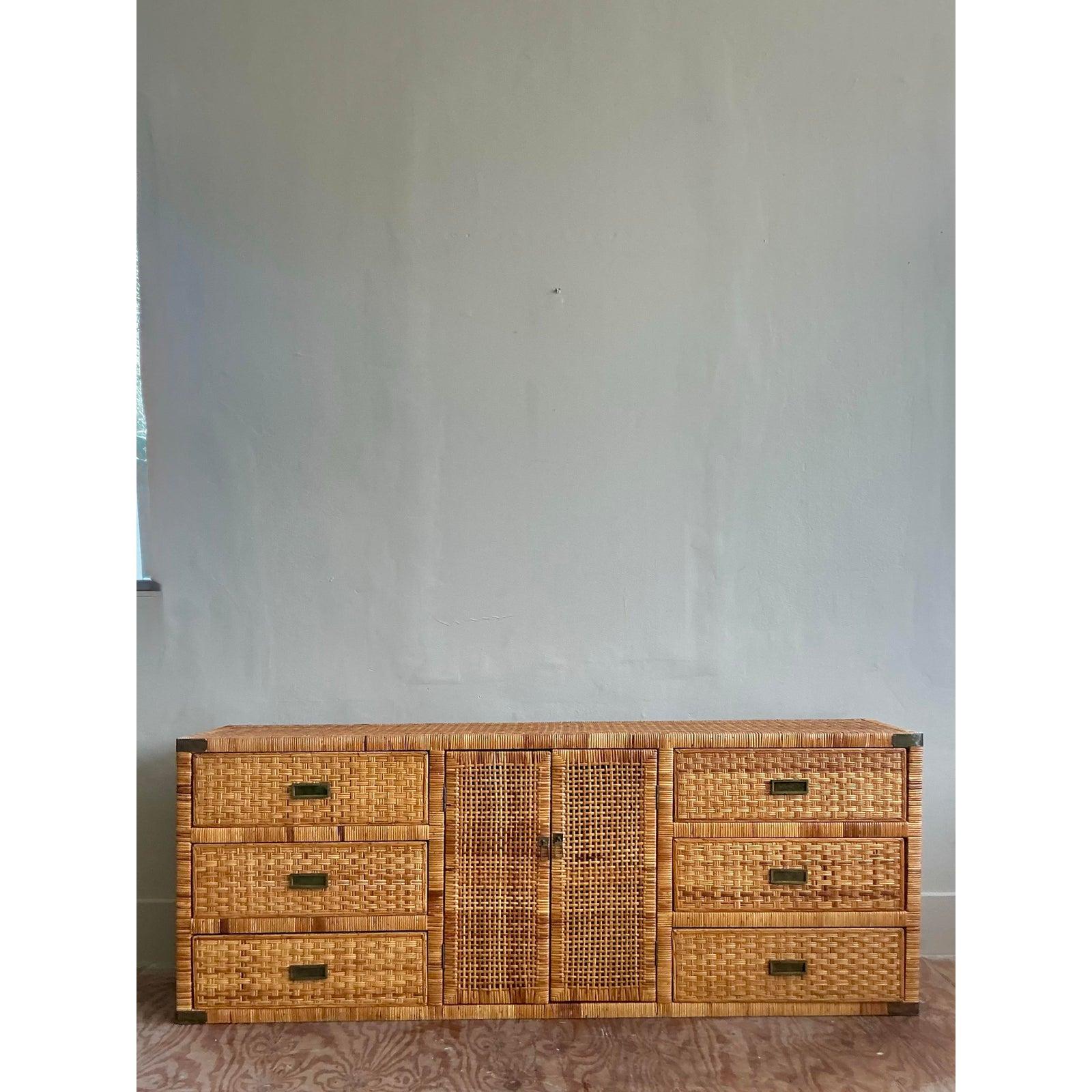 Campaign Vintage Boho Woven Rattan Credenza For Sale