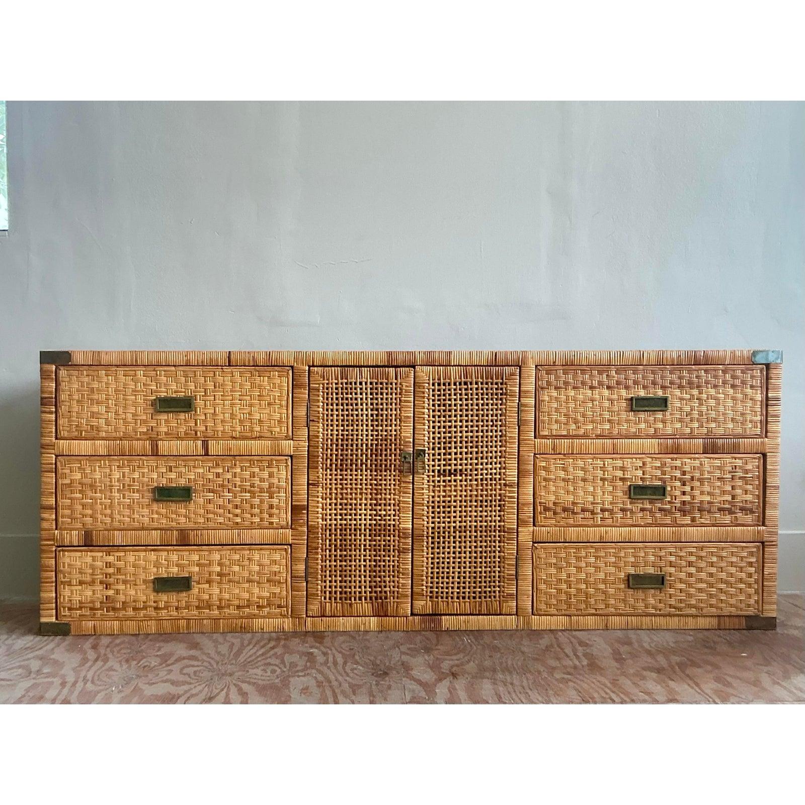 Philippine Vintage Boho Woven Rattan Credenza For Sale