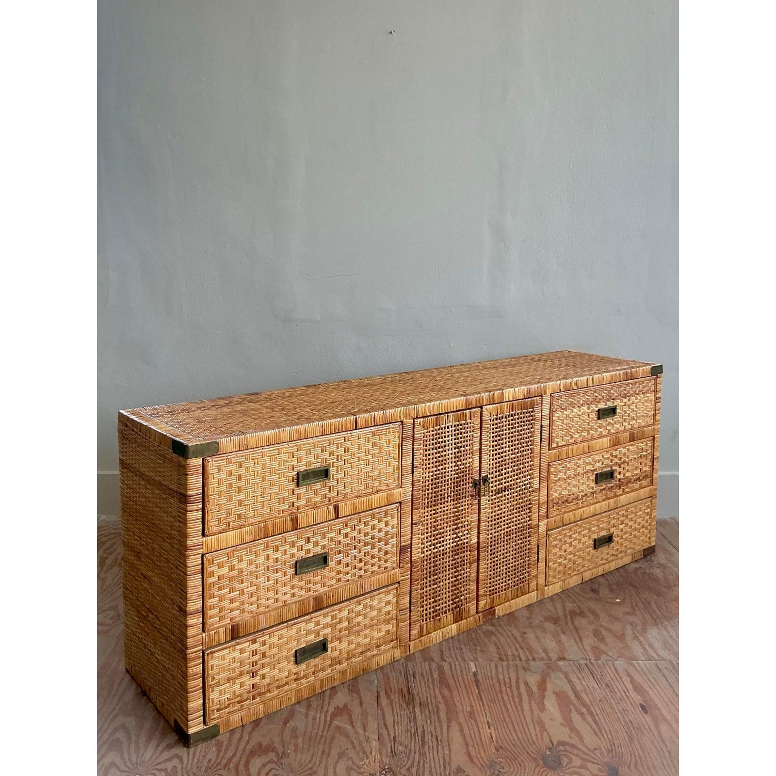 Vintage Boho Woven Rattan Credenza In Good Condition For Sale In West Palm Beach, FL