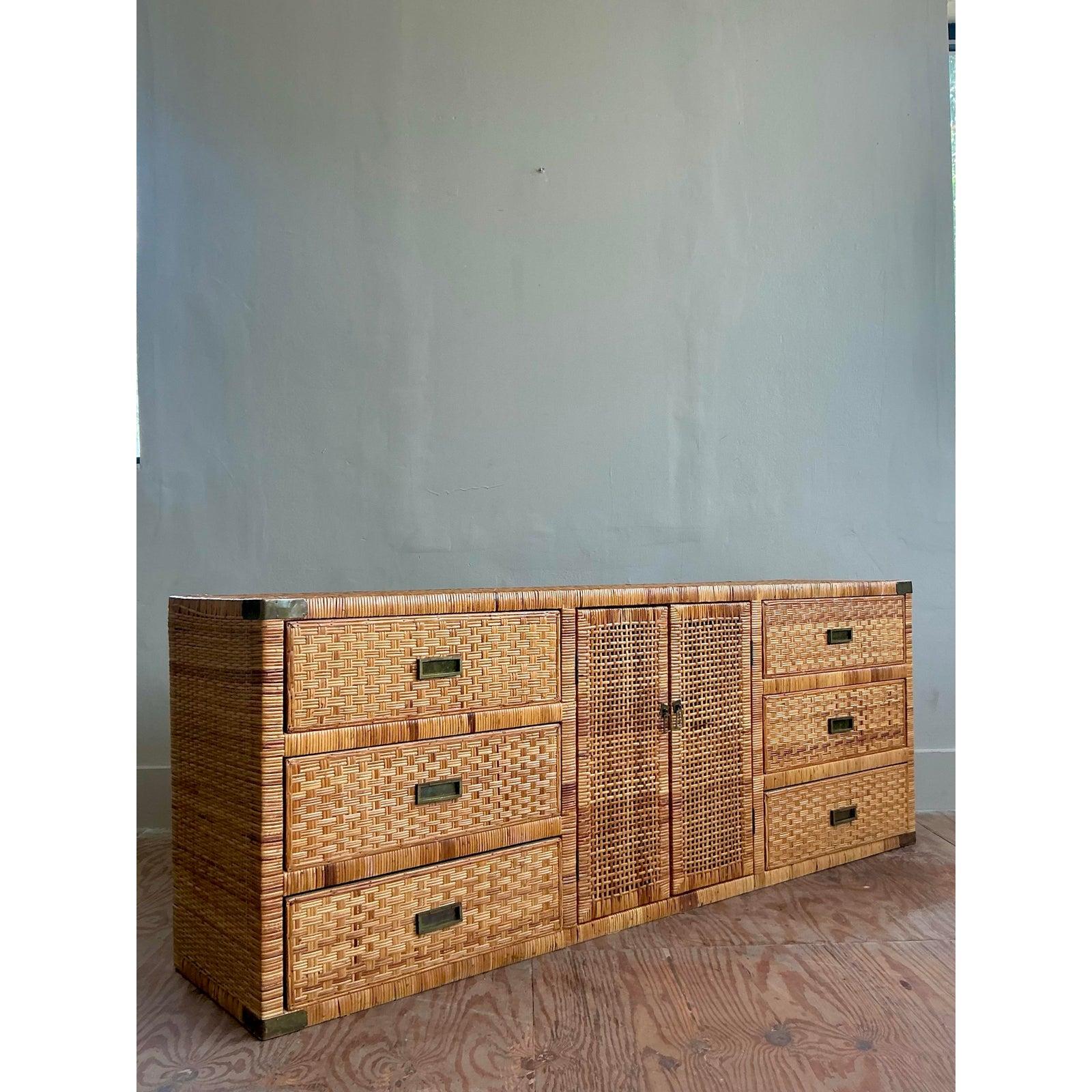 20th Century Vintage Boho Woven Rattan Credenza For Sale