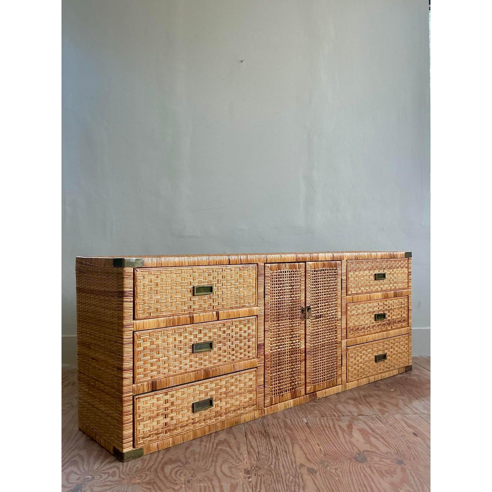 Brass Vintage Boho Woven Rattan Credenza For Sale