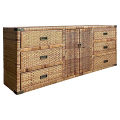 Vintage Boho Woven Rattan Credenza