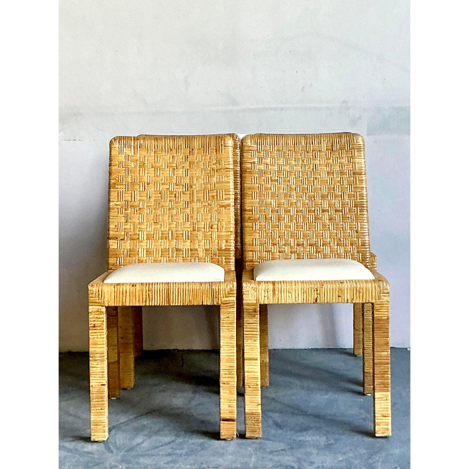 Post-Modern Vintage Boho Woven Rattan Dining Chairs - Set of 4 For Sale
