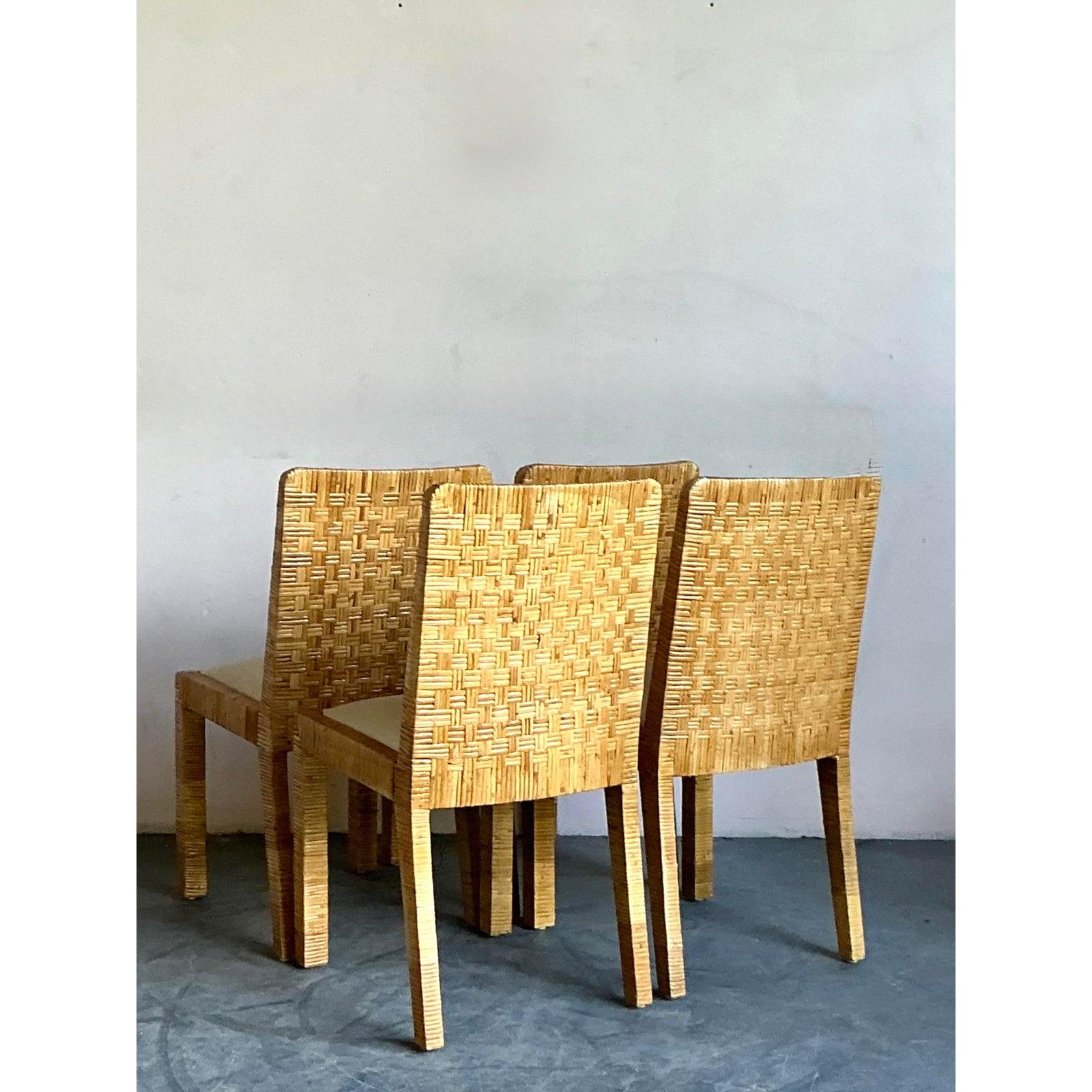 20th Century Vintage Boho Woven Rattan Dining Chairs - Set of 4 For Sale