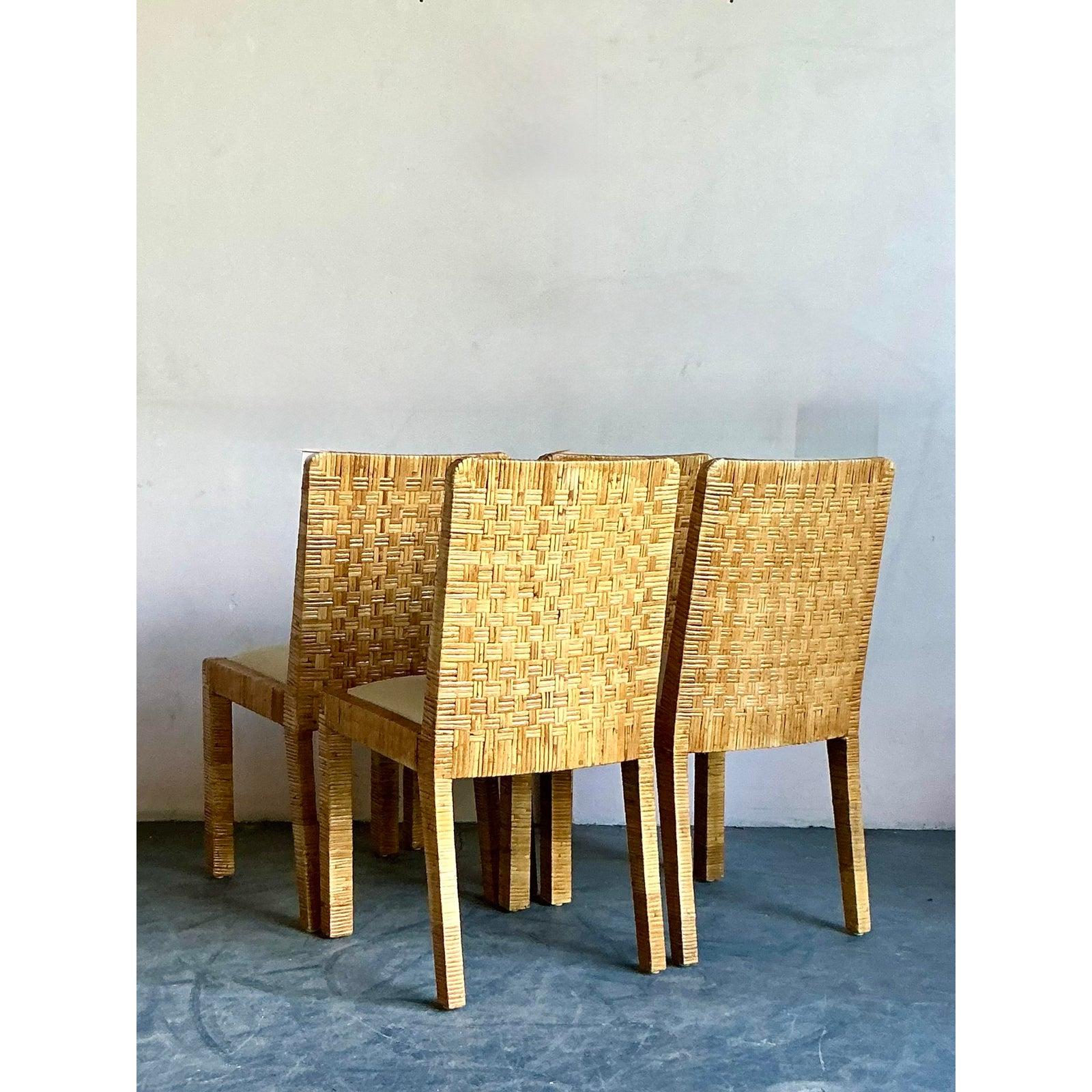 Wicker Vintage Boho Woven Rattan Dining Chairs - Set of 4 For Sale
