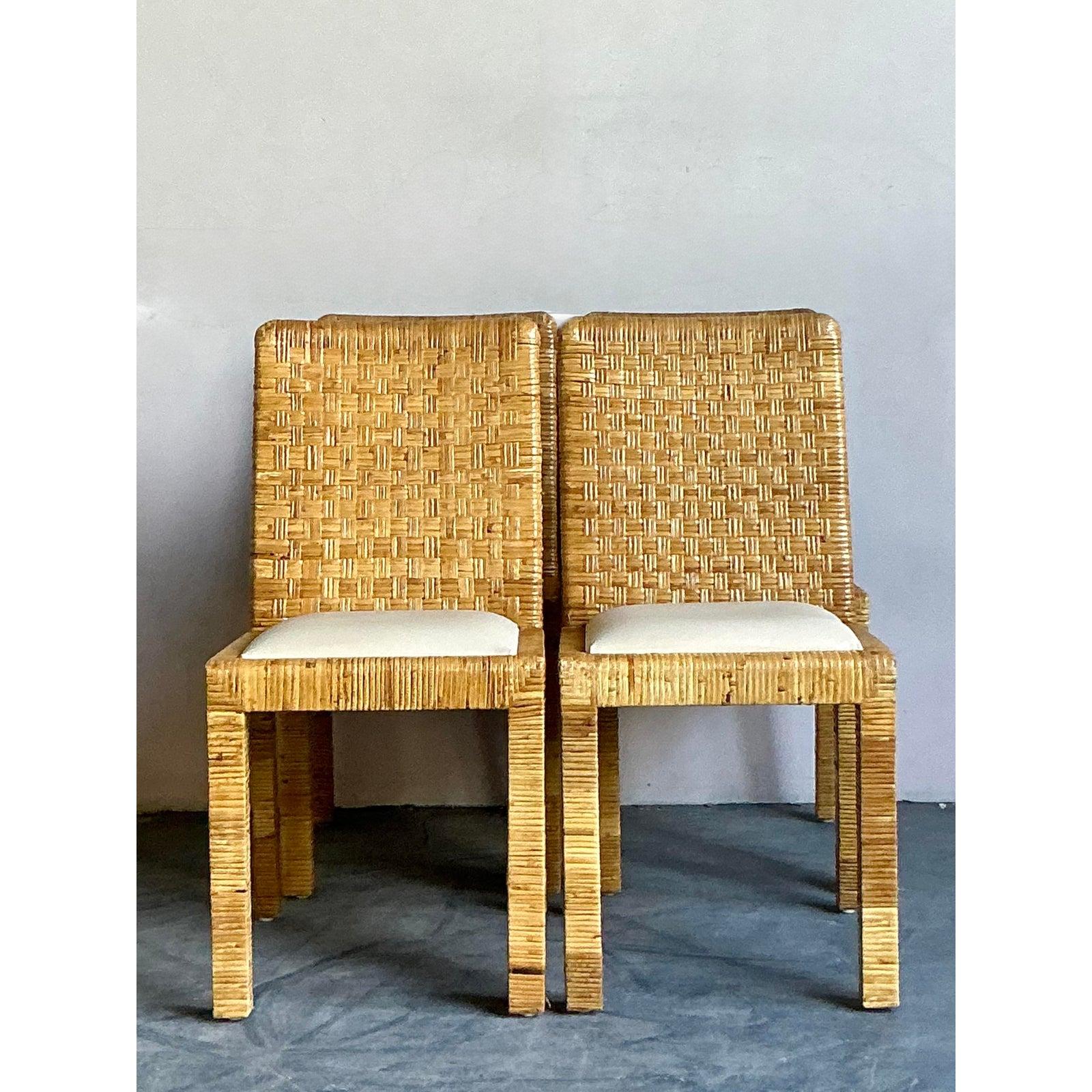 Vintage Boho Woven Rattan Dining Chairs - Set of 4 For Sale 1
