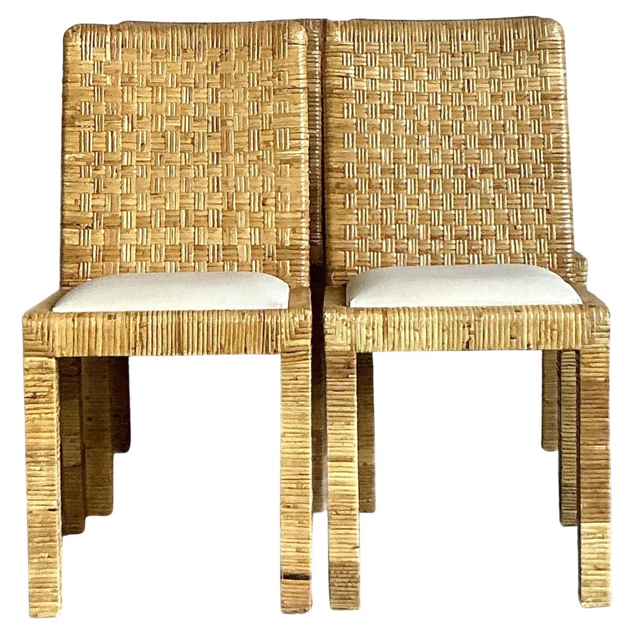 Vintage Boho Woven Rattan Dining Chairs - Set of 4 For Sale
