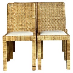 Vintage Boho Woven Rattan Dining Chairs - Set of 4